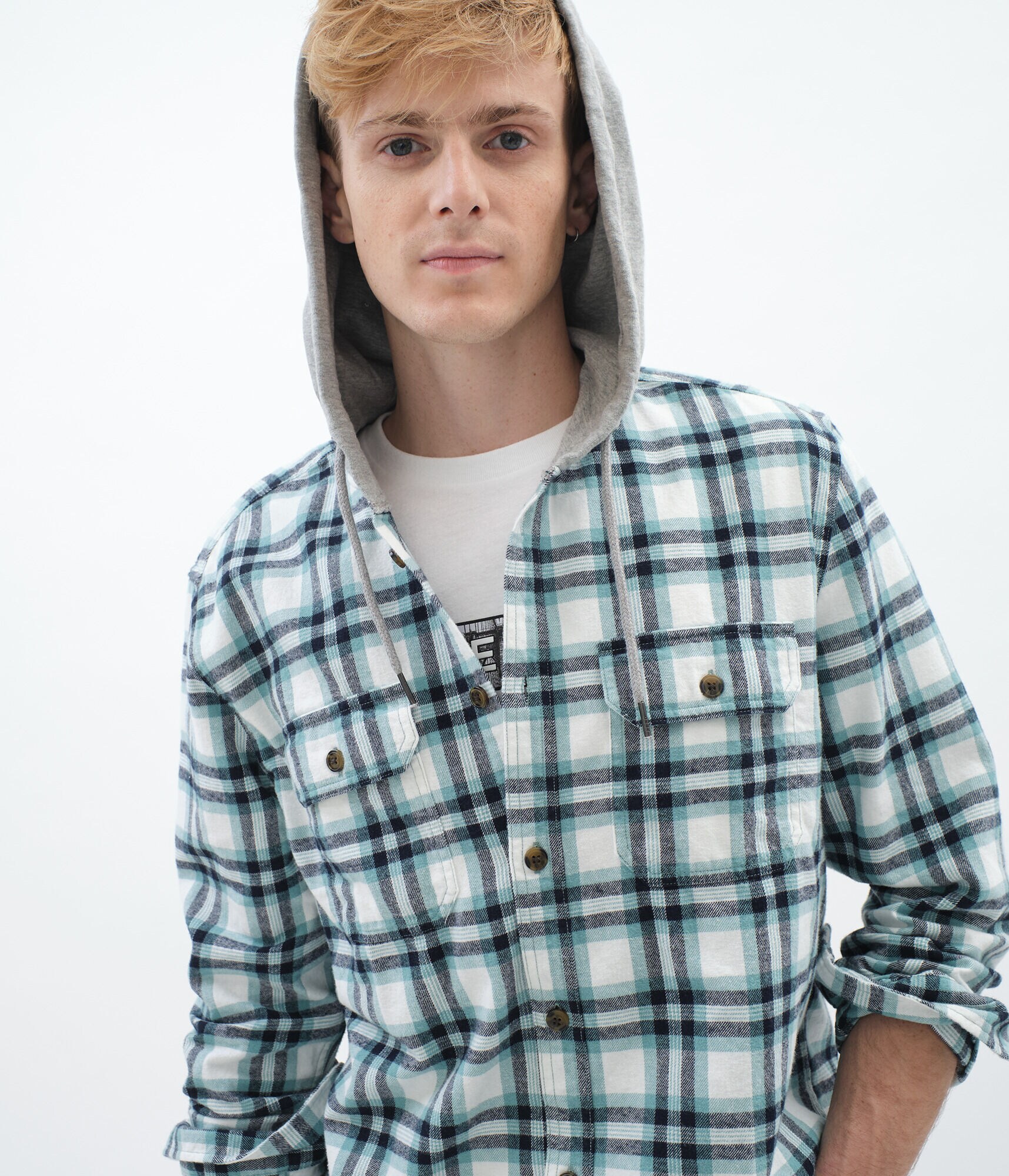 Long Sleeve Plaid Hooded Button-Down Shirt