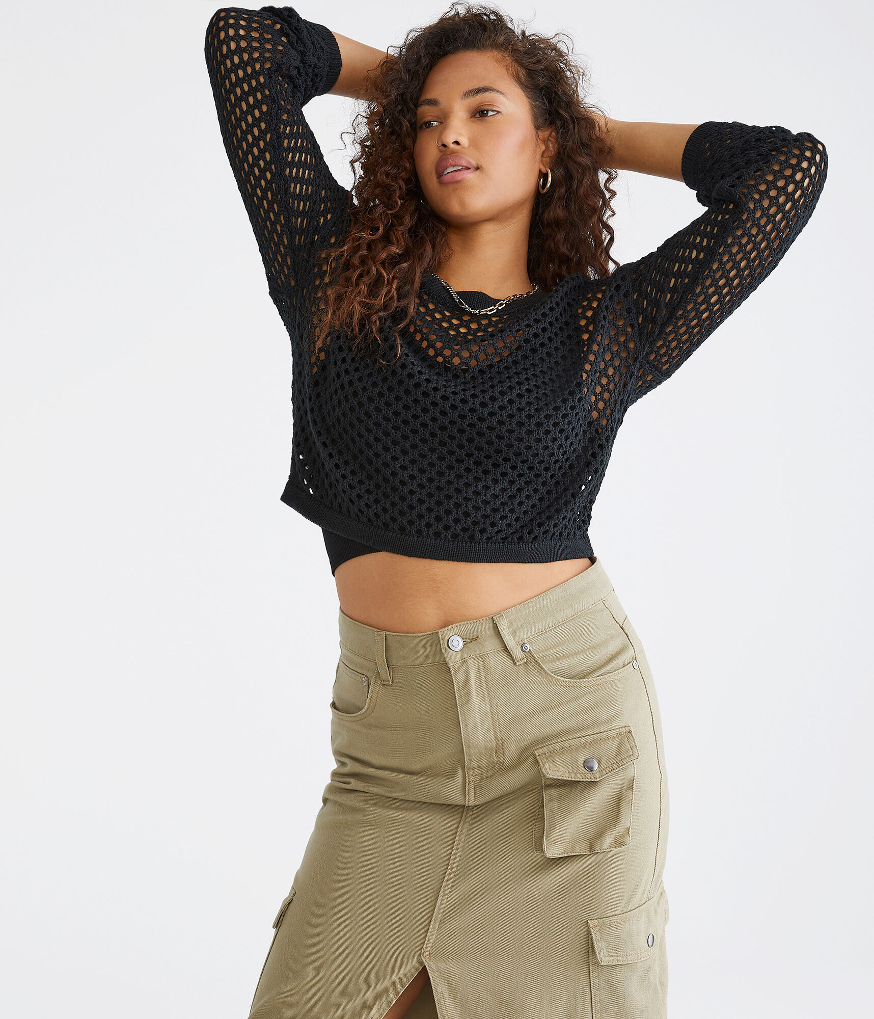 Mesh Cropped Crew Sweater