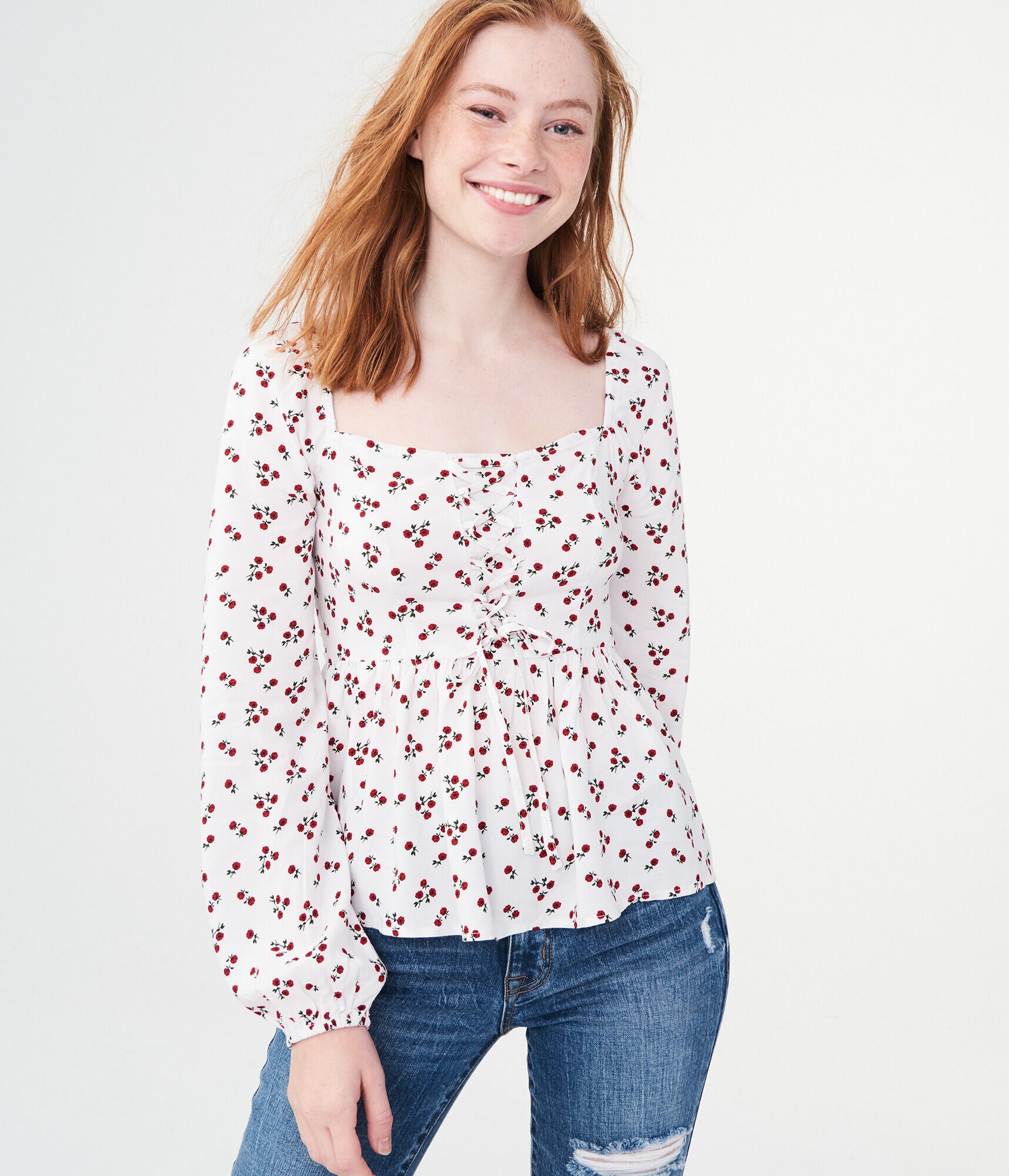 Long Sleeve Floral Lace-Up Woven Top