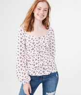 Long Sleeve Floral Lace-Up Woven Top