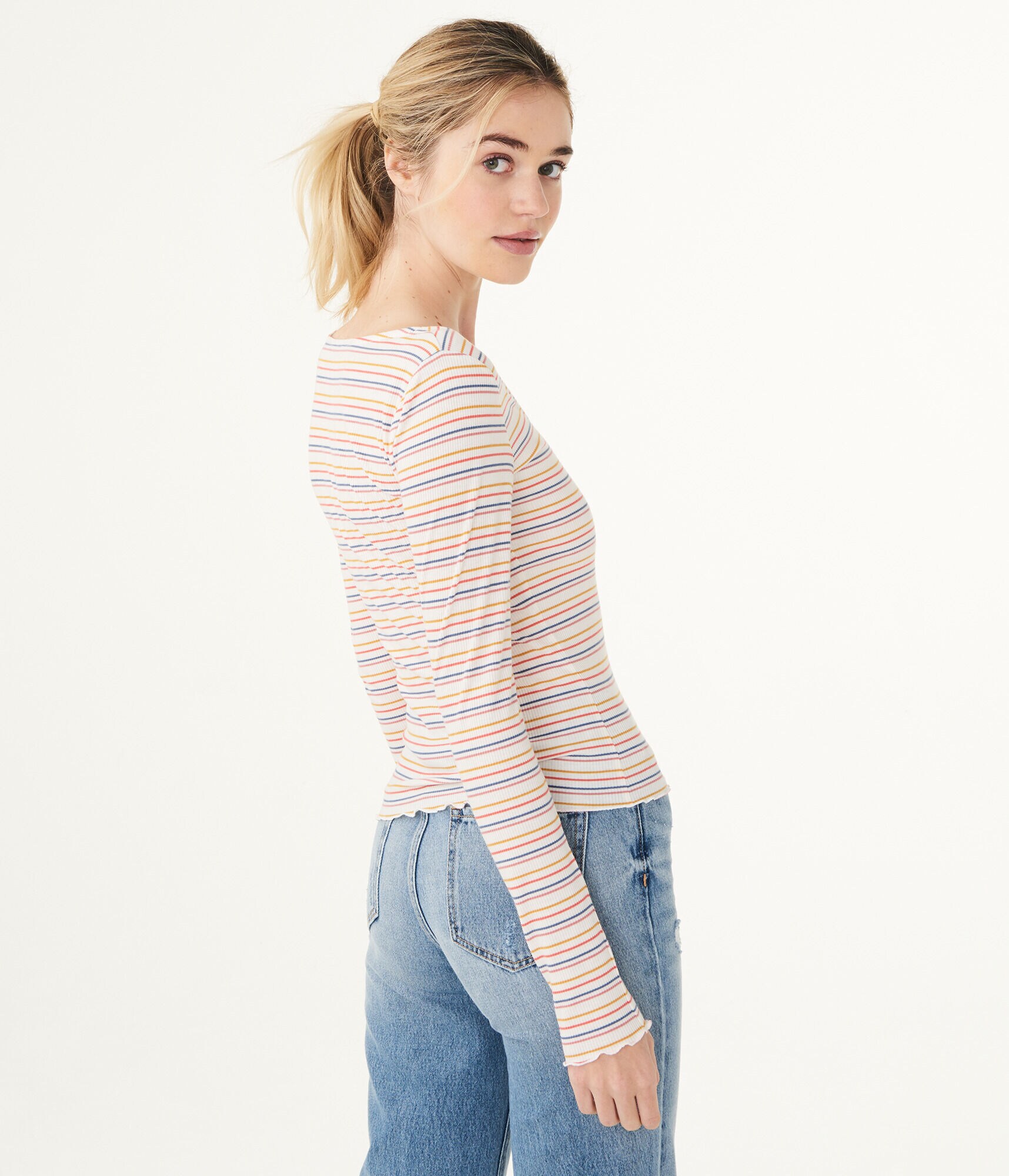 Long Sleeve Striped Lettuce-Trim Henley