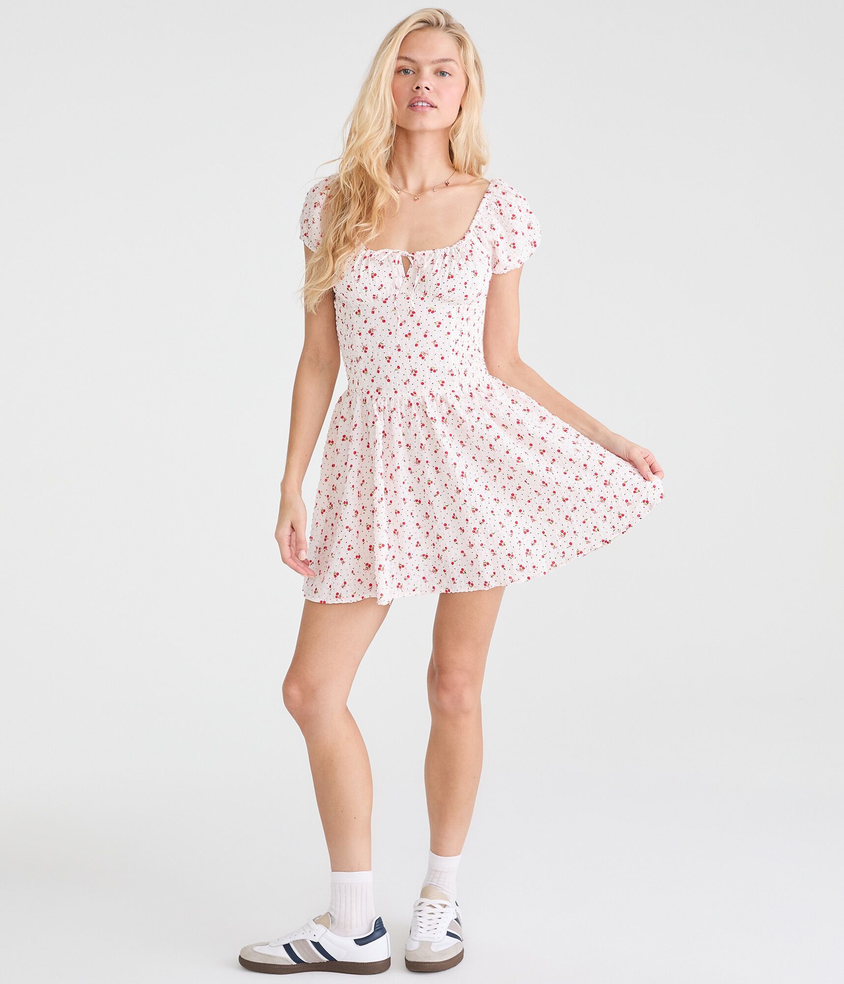 Cherry Square-Neck Drop-Waist Mini Dress