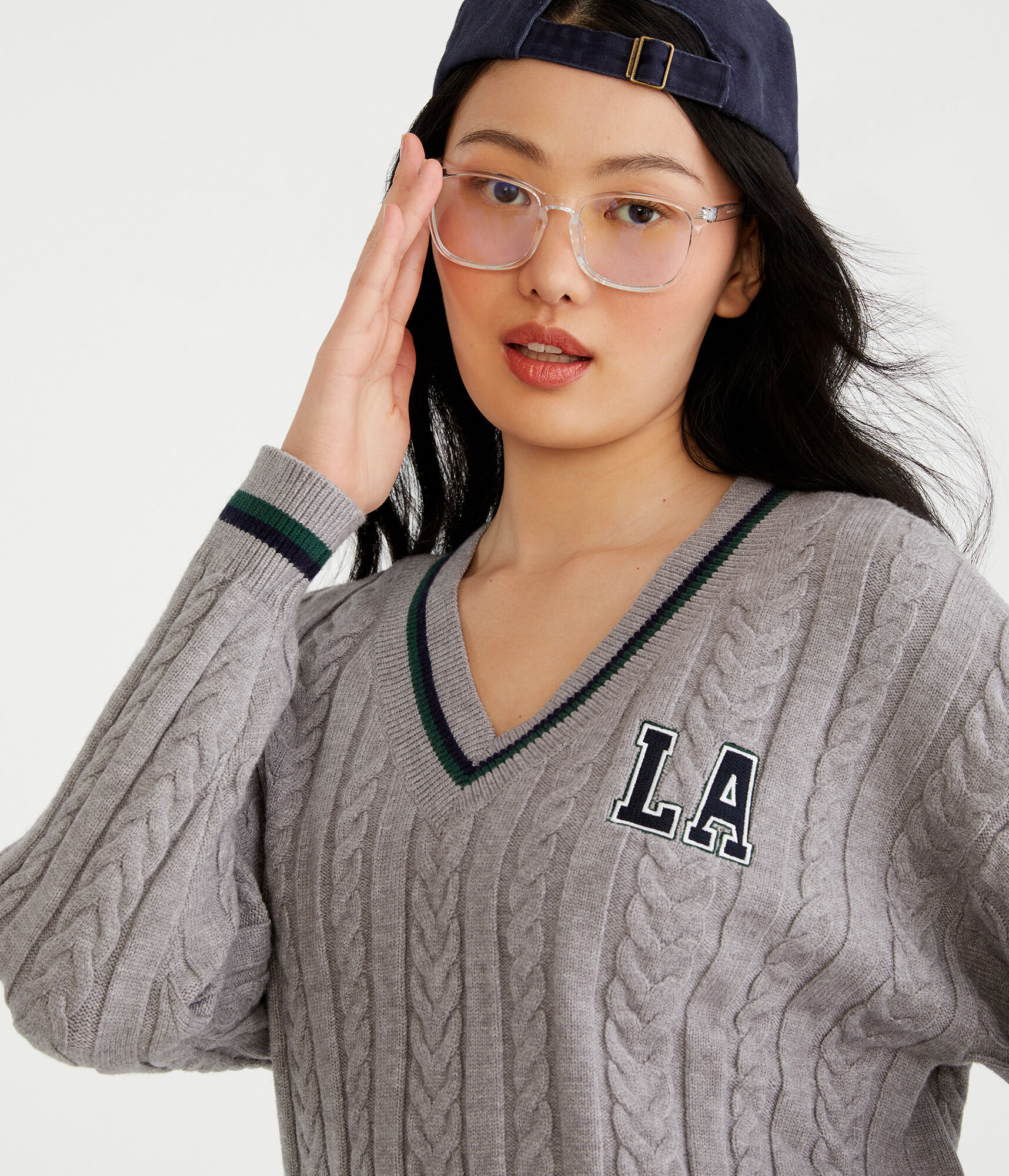 City Oversized Cable V-Neck Sweater