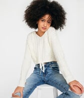 Hooded Cable-Knit Cropped Sweater