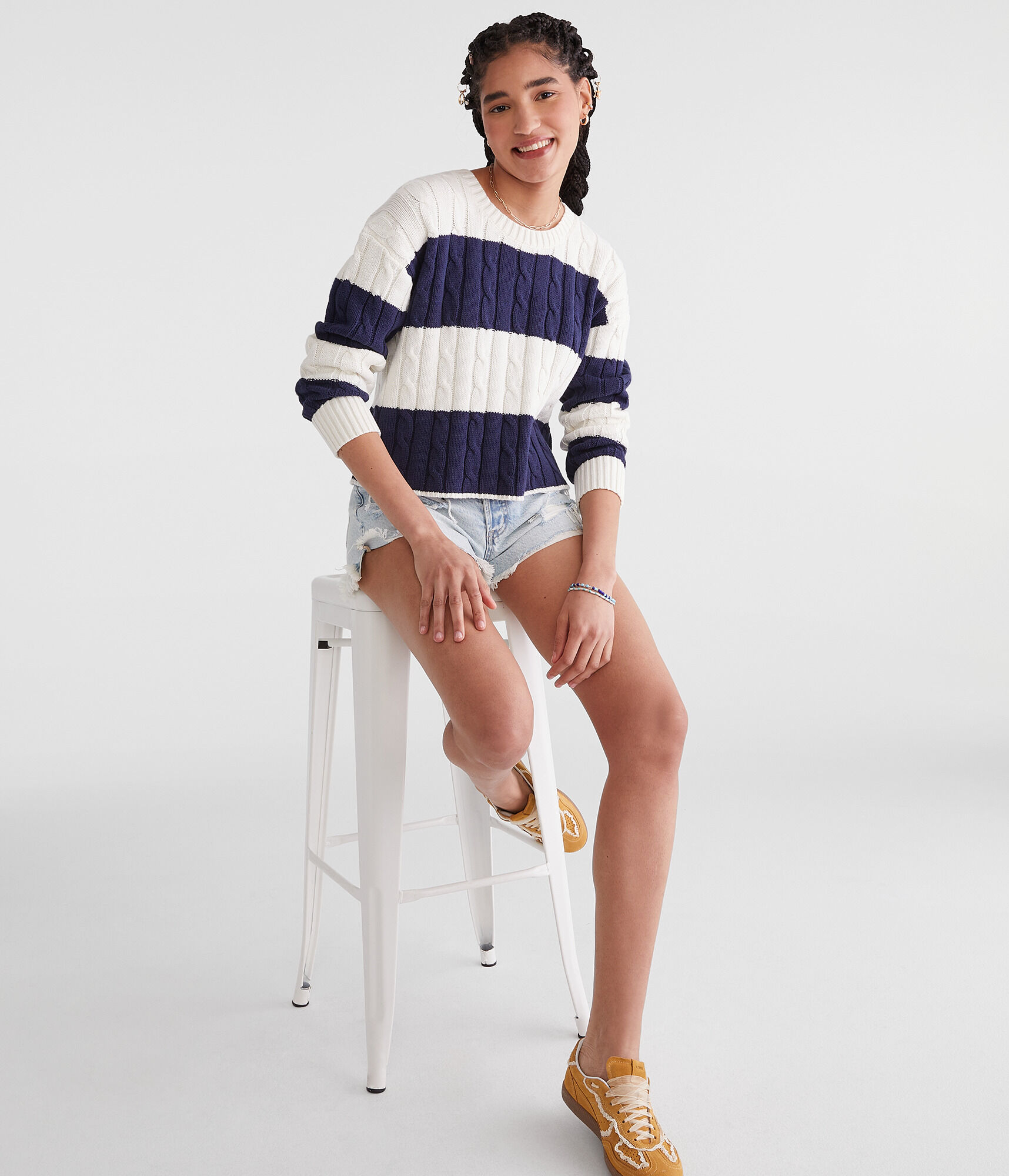 Striped Cable Cropped Crew Sweater