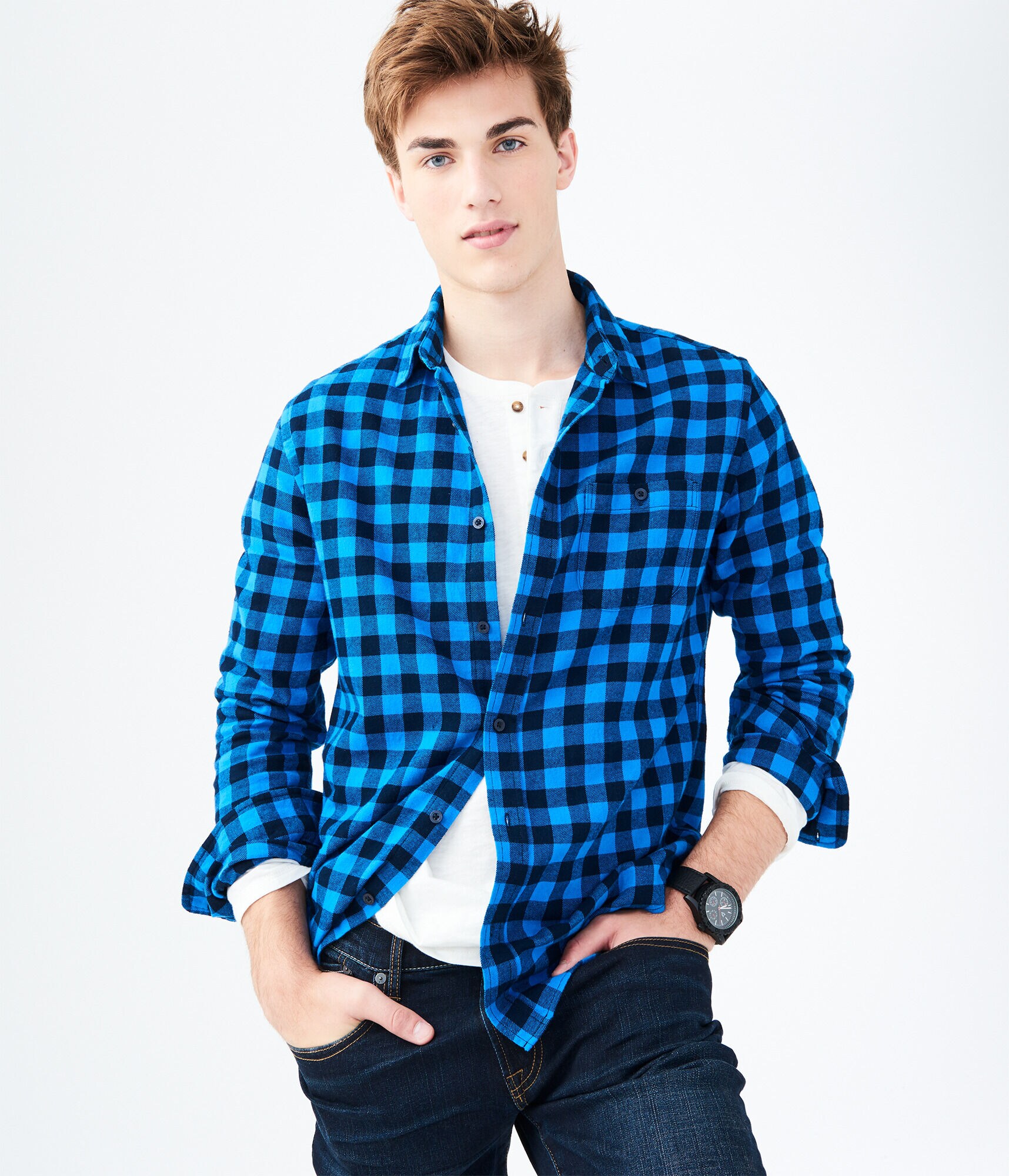Long Sleeve Buffalo Plaid Flannel Woven Shirt