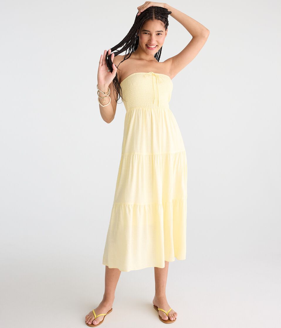 Aeropostale Womens' Swiss Dot Strapless Smocked Midi Dress - Yellow - Size M - Rayon - Teen Fashion & Clothing Aeropostale Womens' Swiss Dot Strapless Smocked Midi Dress - Yellow - Size M - Rayon - Teen Fashion & Clothing