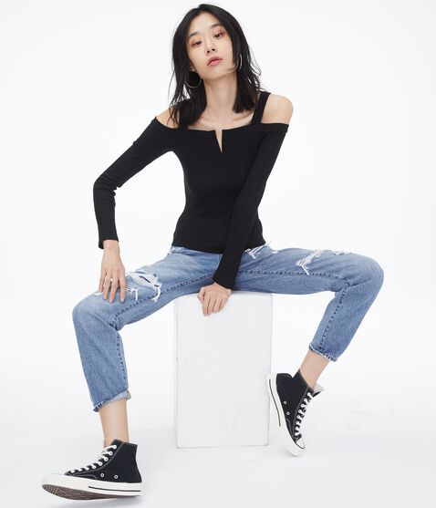 Long Sleeve Seriously Soft Variegated V-Wire Cold-Shoulder Top