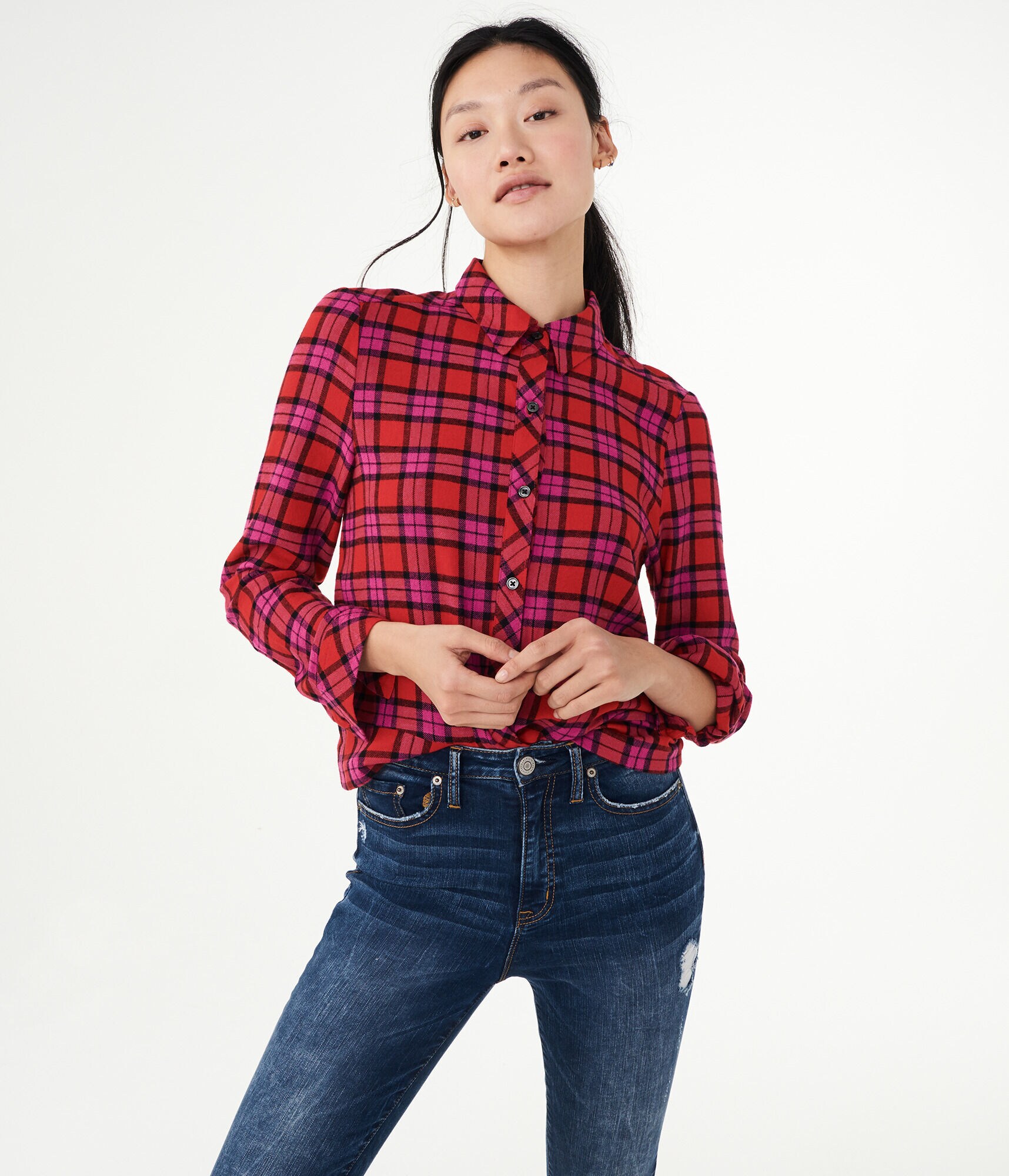 Long Sleeve Plaid Knot-Front Woven Shirt