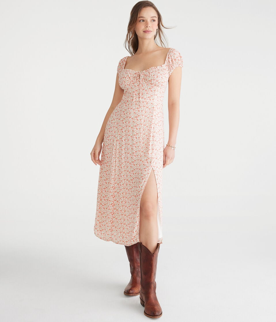 Floral Scoop-Neck Tie-Front Midi Dress