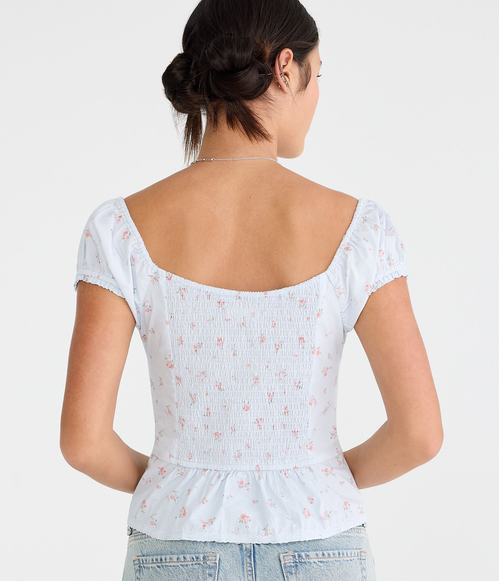 Floral Button-Front Scoop-Neck Blouse