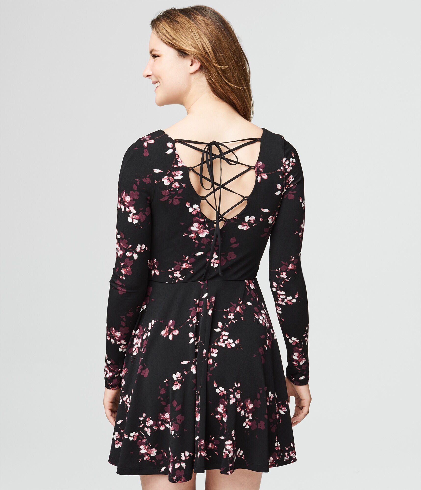 Floral V-Neck Lace-Up Fit &amp; Flare Dress