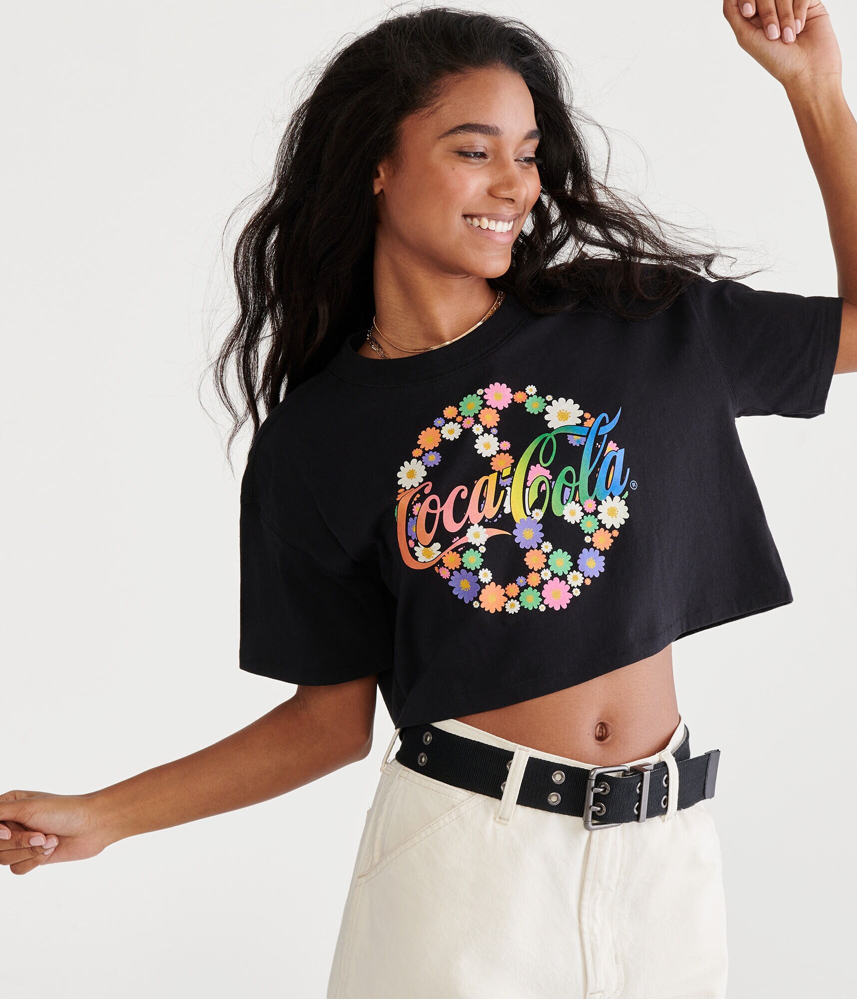 Coca-Cola&reg; by A&eacute;ropostale Floral Peace Sign Cropped Boyfriend Tee