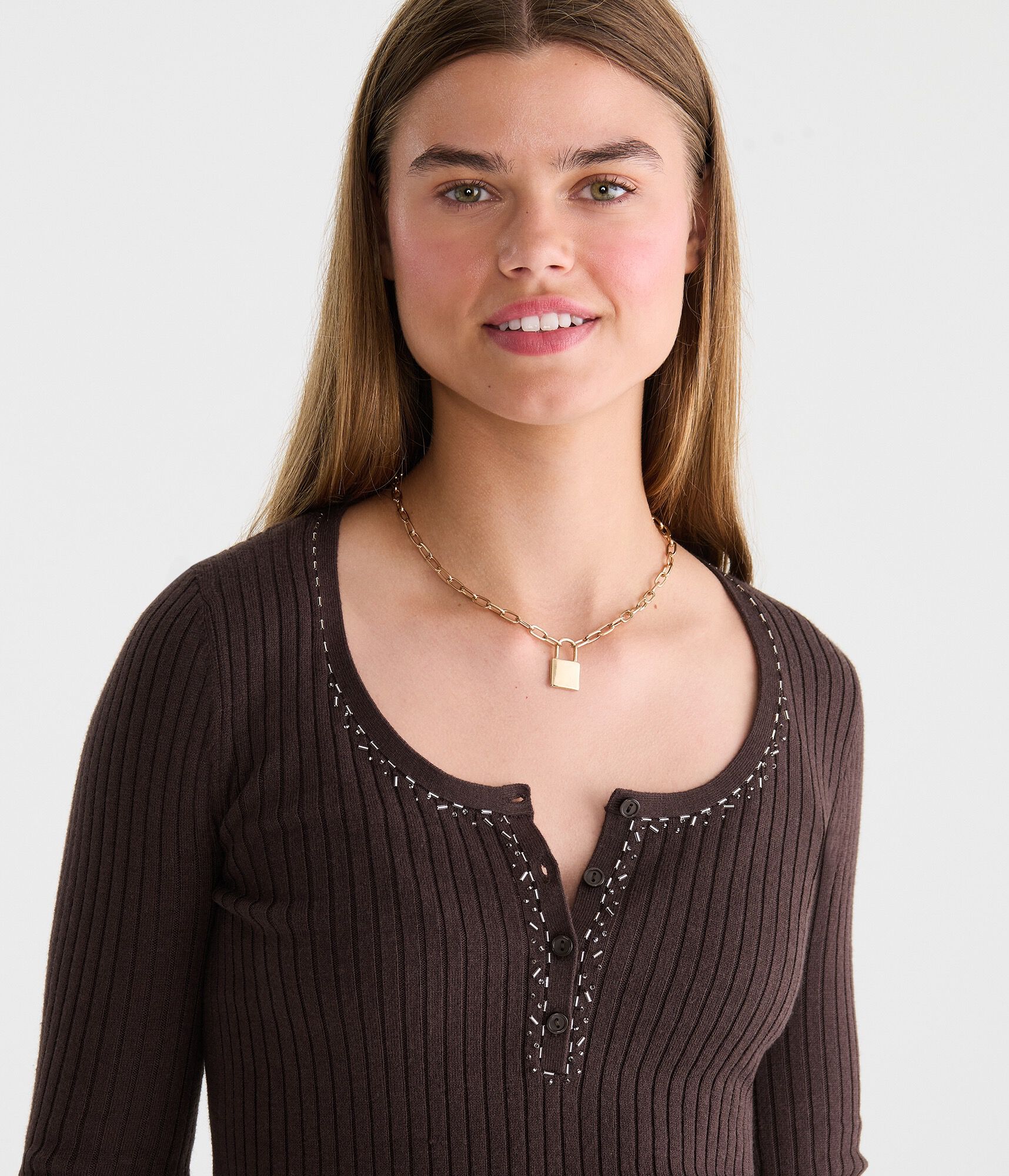 Beaded Ribbed Henley Sweater