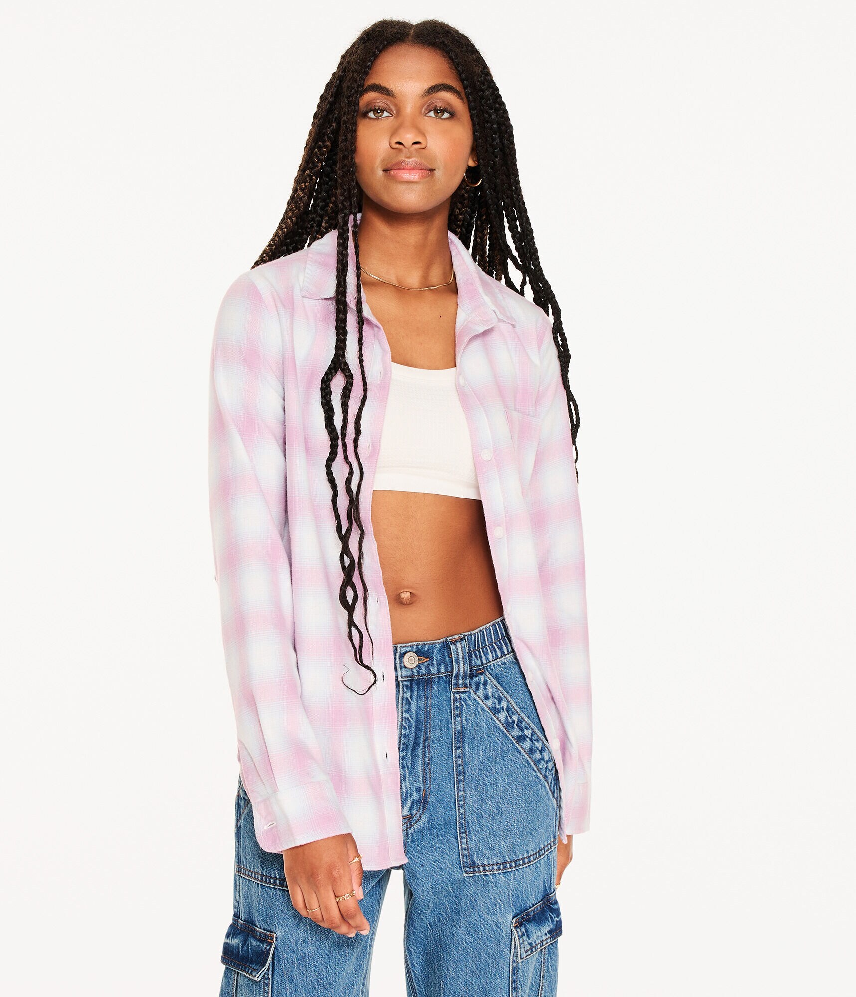 Long Sleeve Oversized Plaid Flannel Button-Down Shirt