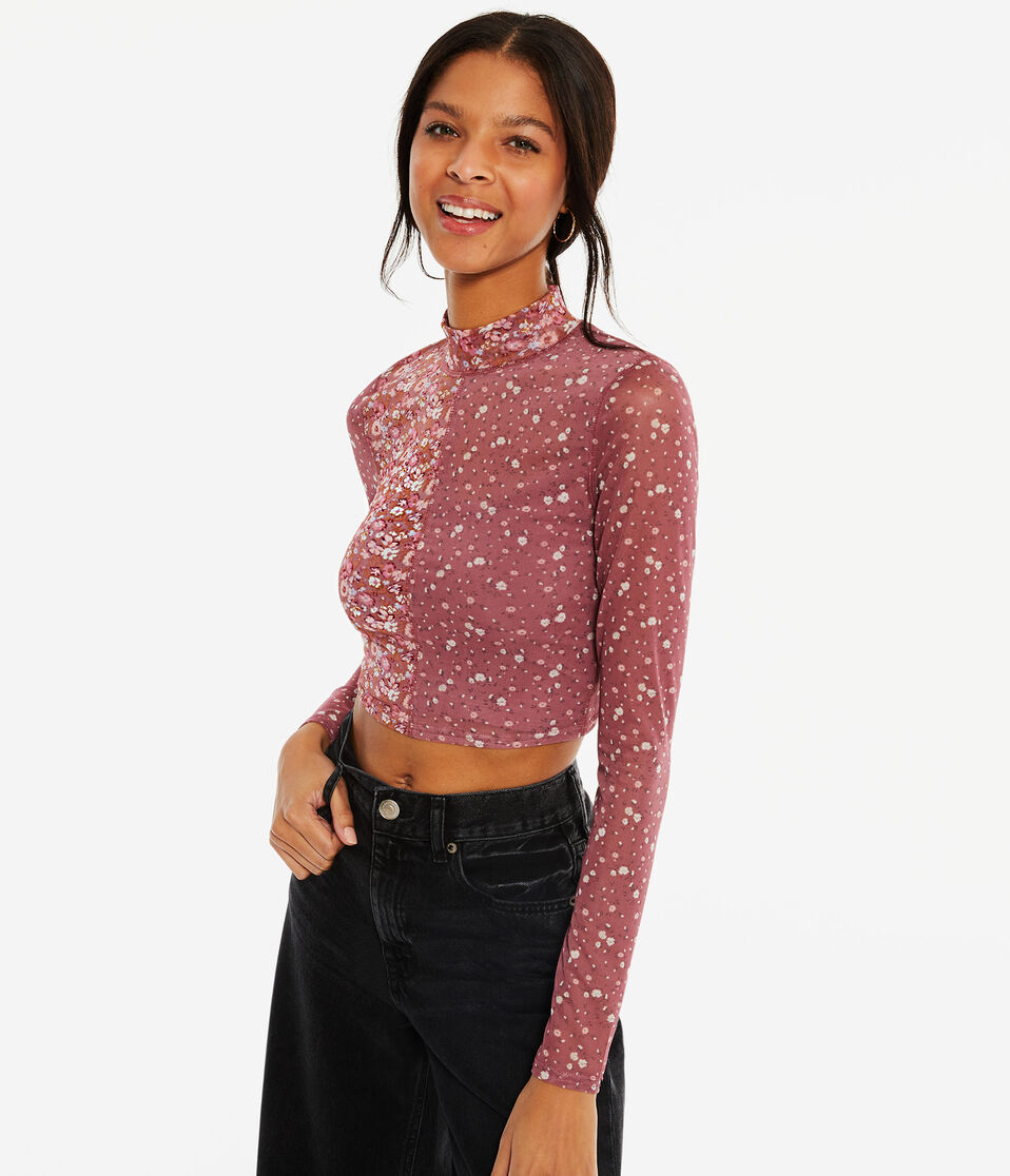 Long Sleeve Spliced Floral Mesh Mock-Neck Crop Top
