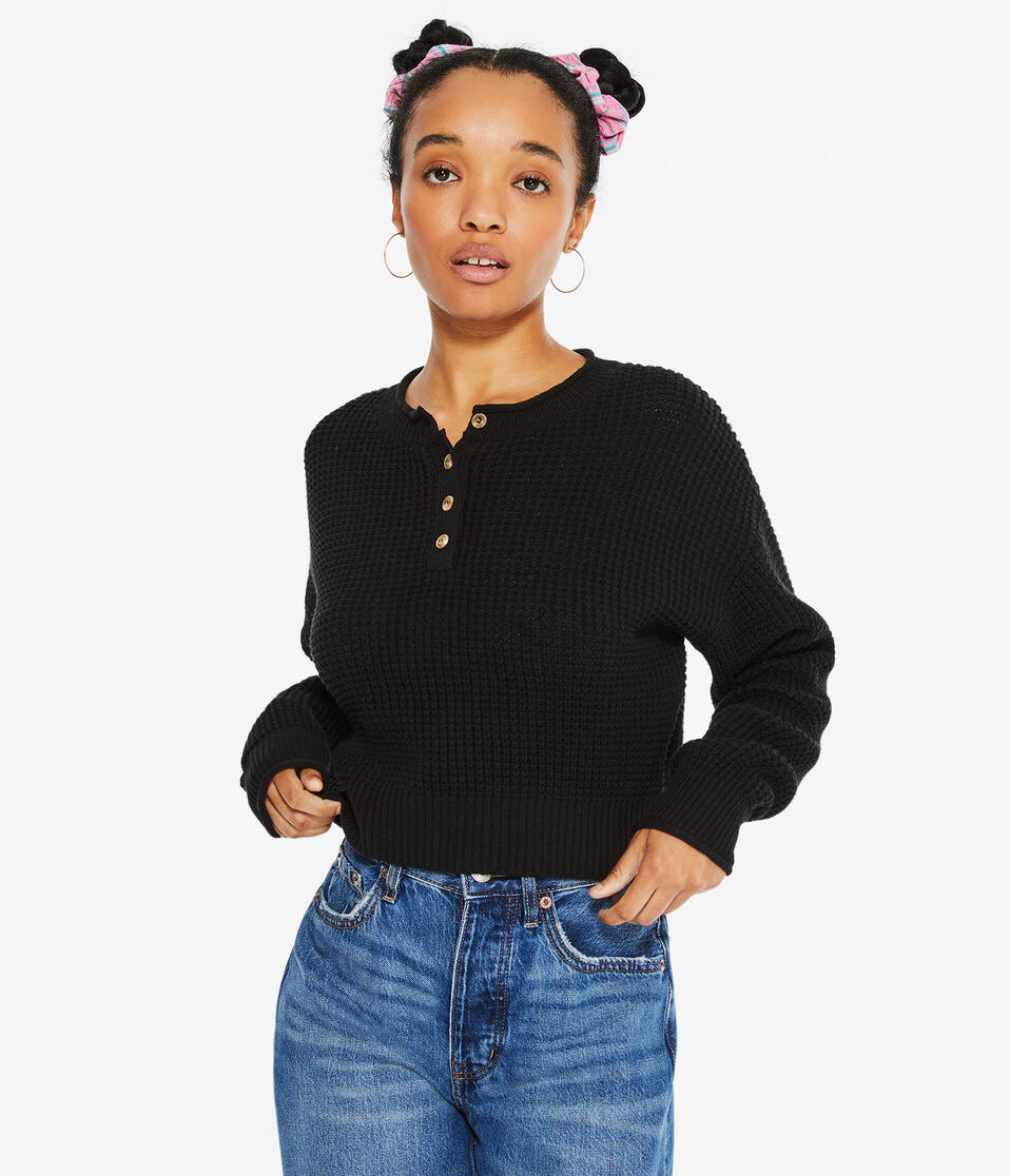 Waffle-Knit Cropped Henley Sweater