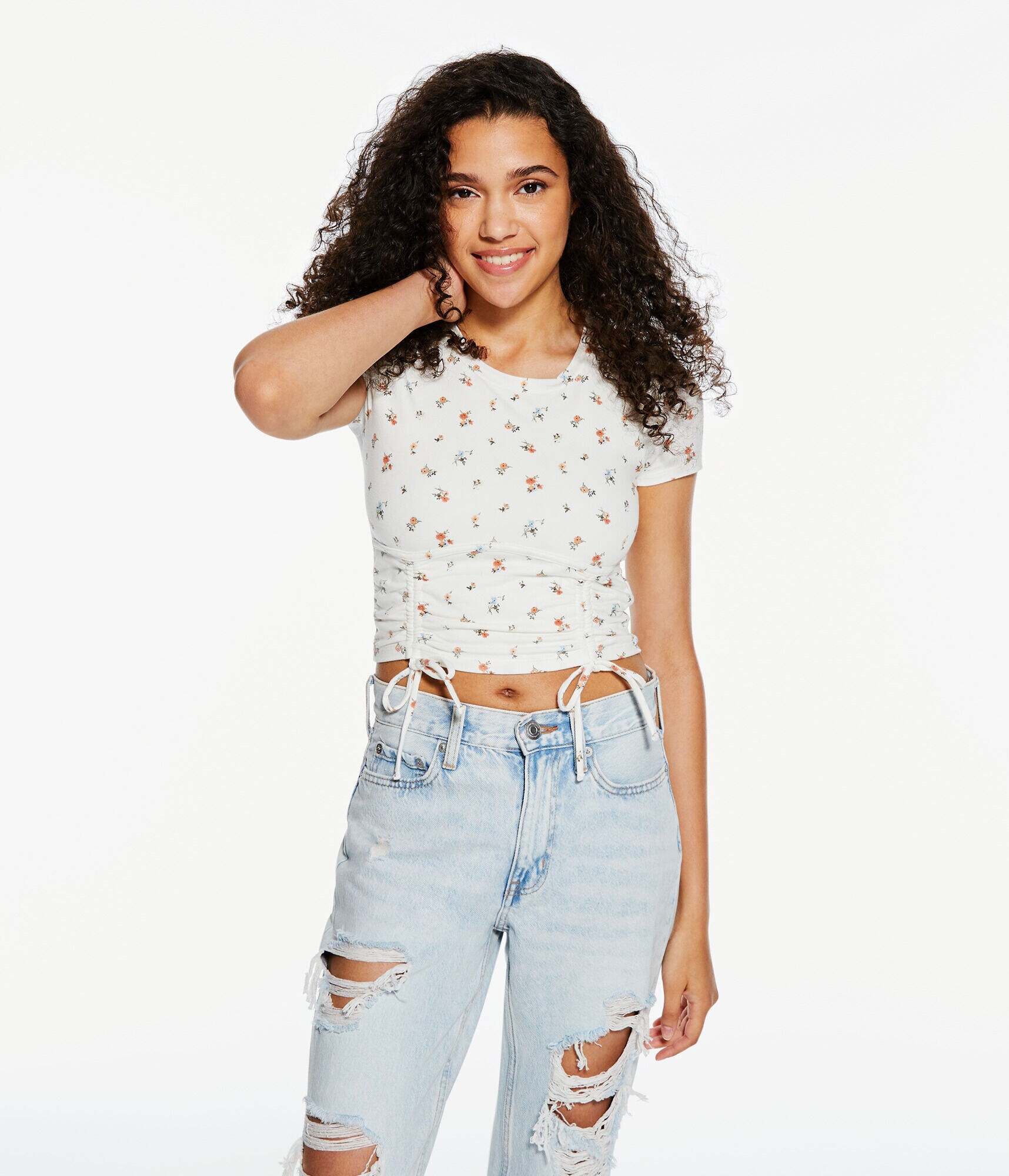 Floral Corset-Cinch Cropped Tee