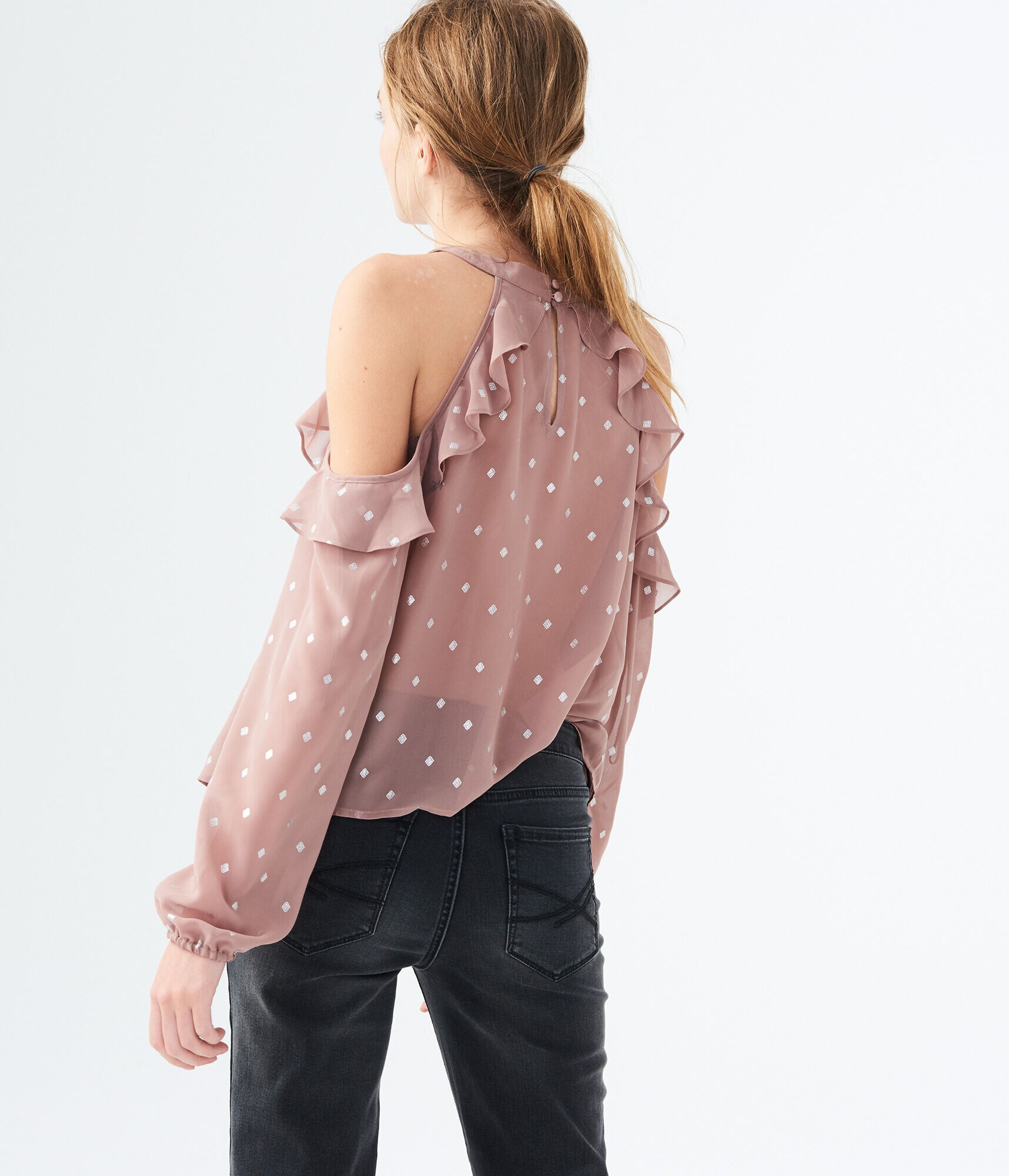 Long Sleeve Sheer Diamond Ruffle Cold-Shoulder Top