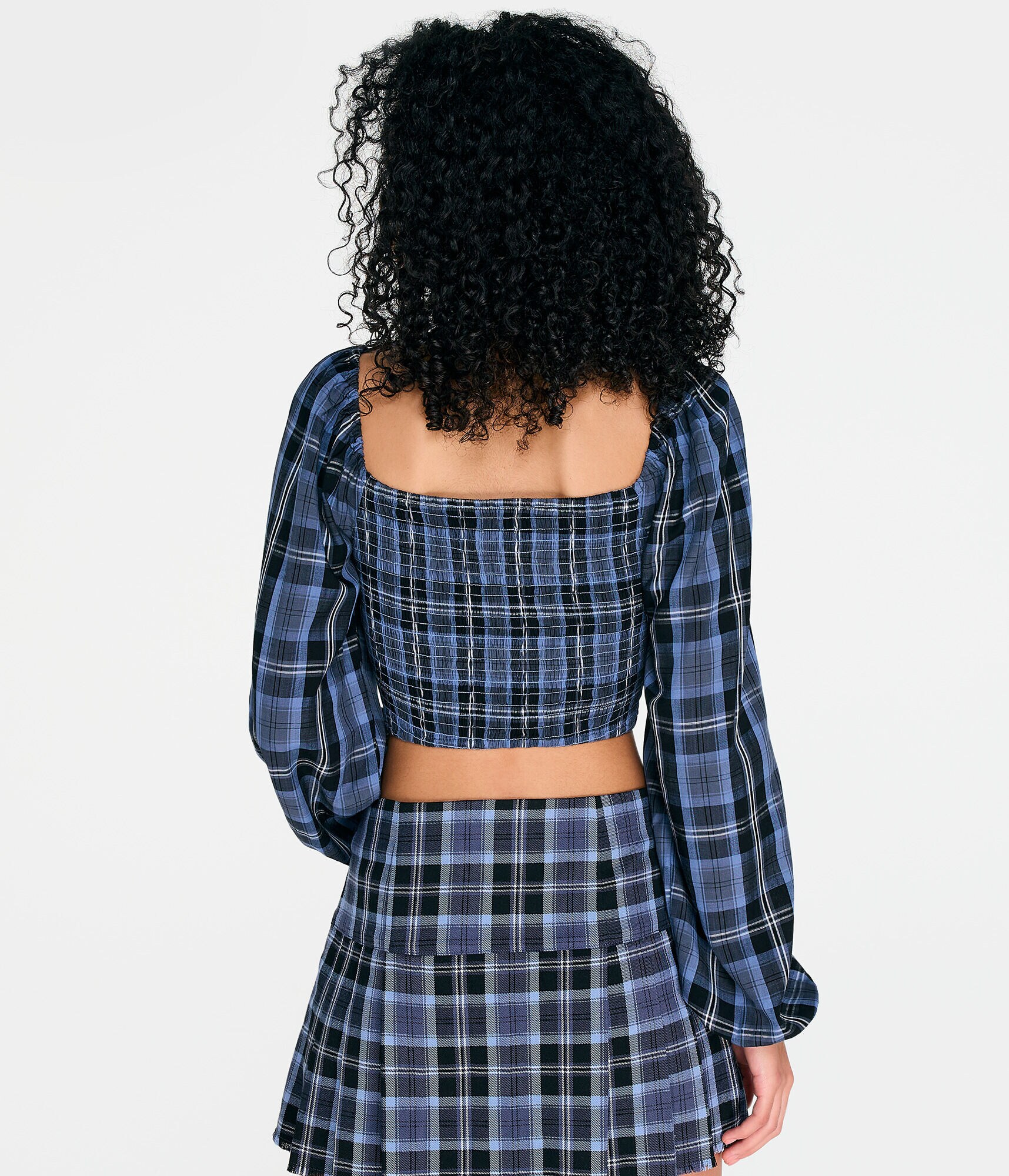 Long Sleeve Plaid Double-Keyhole Crop Top