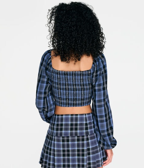 Long Sleeve Plaid Double-Keyhole Crop Top Long Sleeve Plaid Double-Keyhole Crop Top