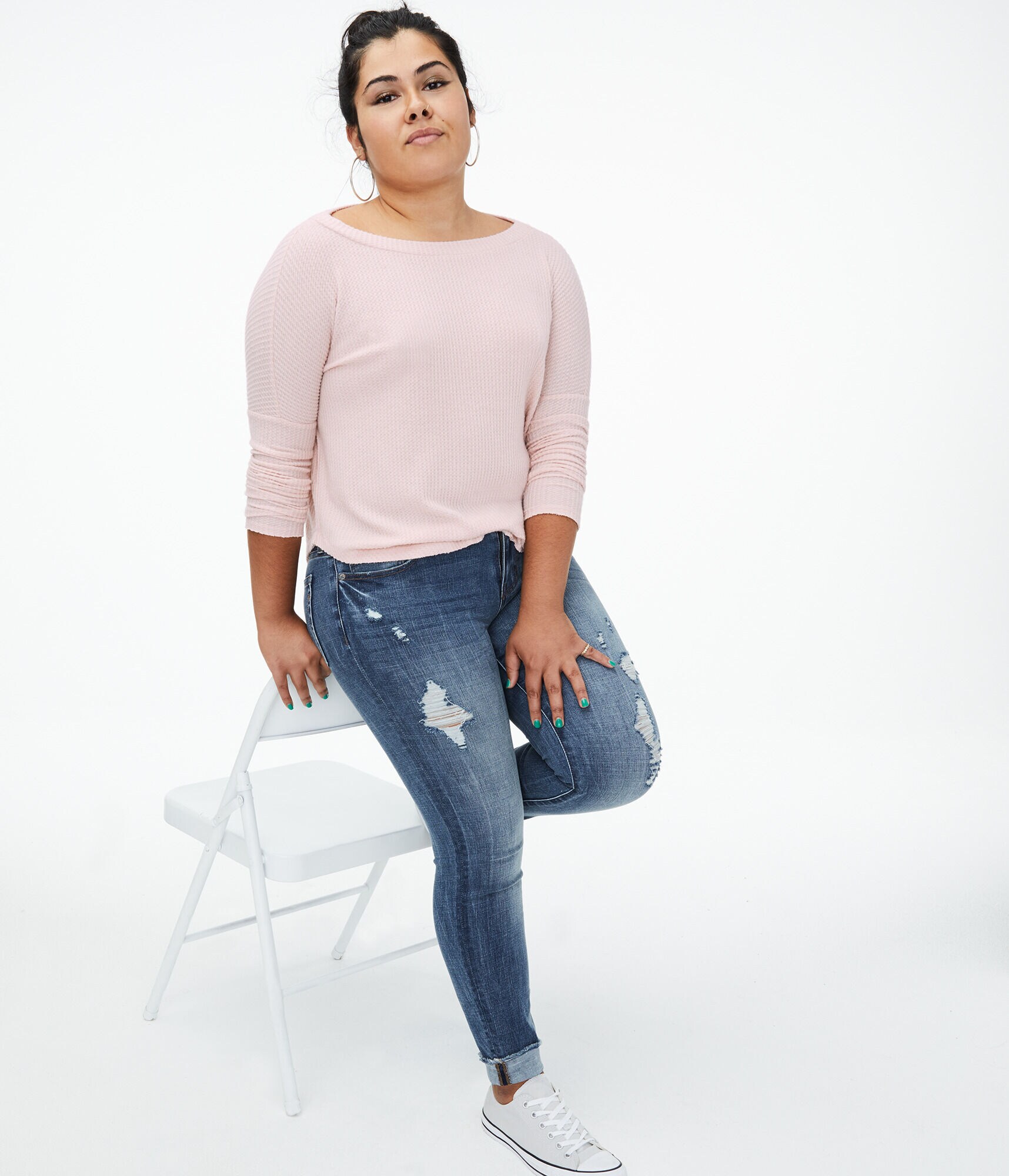 Long Sleeve Waffle-Knit Boat-Neck Top