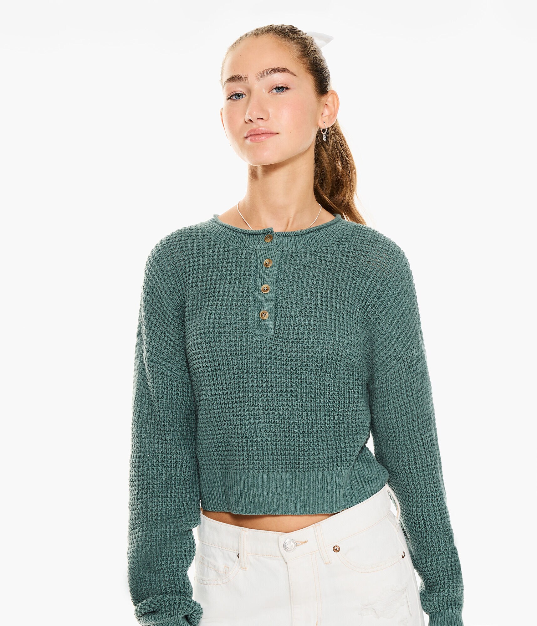 Waffle-Knit Cropped Henley Sweater