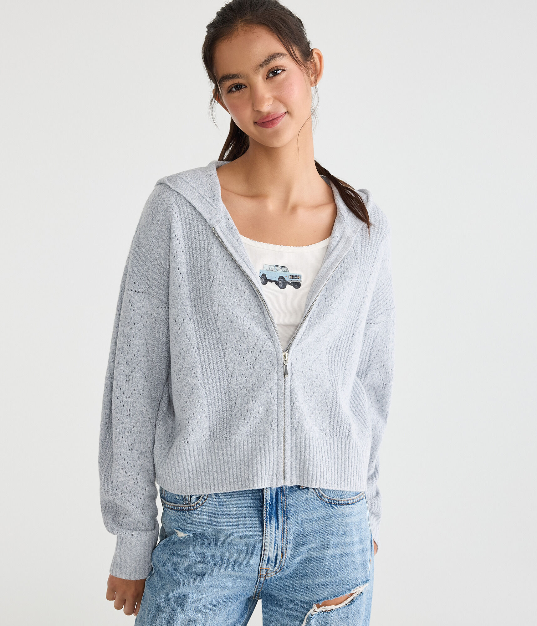 Cozy Pointelle Full-Zip Sweater Hoodie