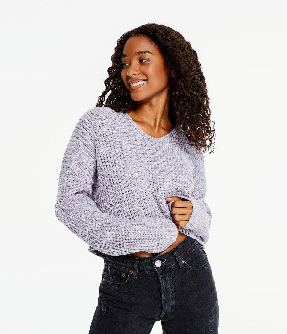 Solid Hooded Cropped V-Neck Sweater