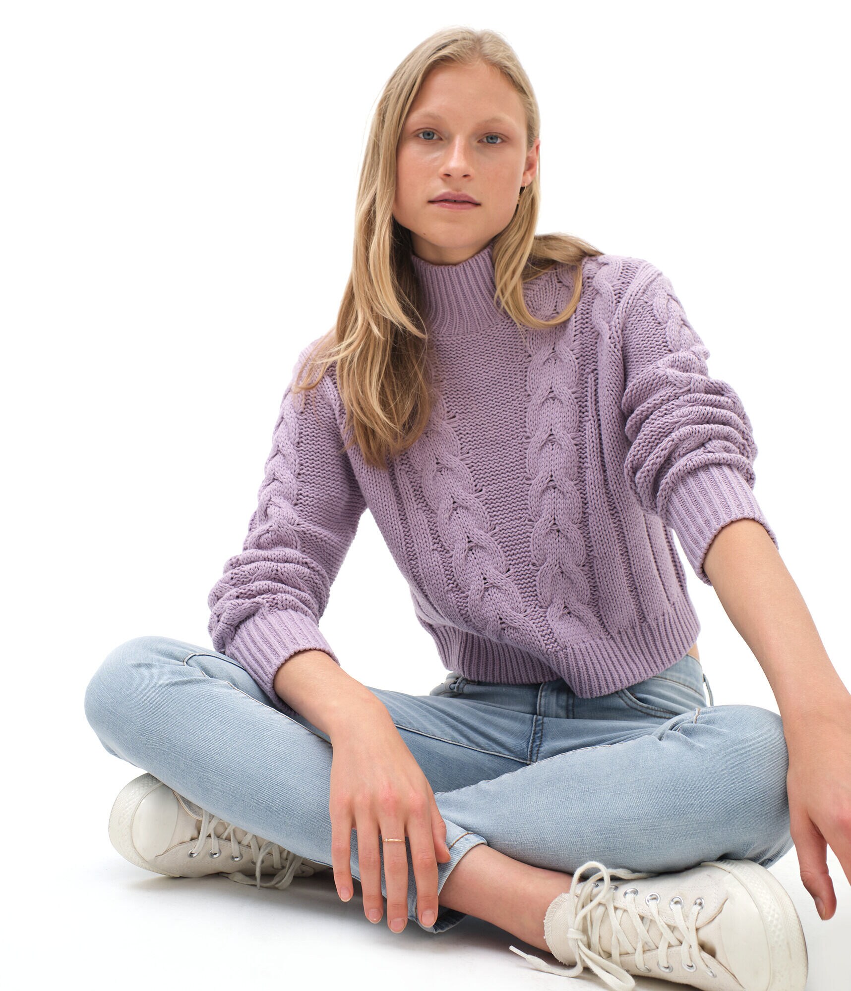 Cable Knit Mock-Neck Sweater