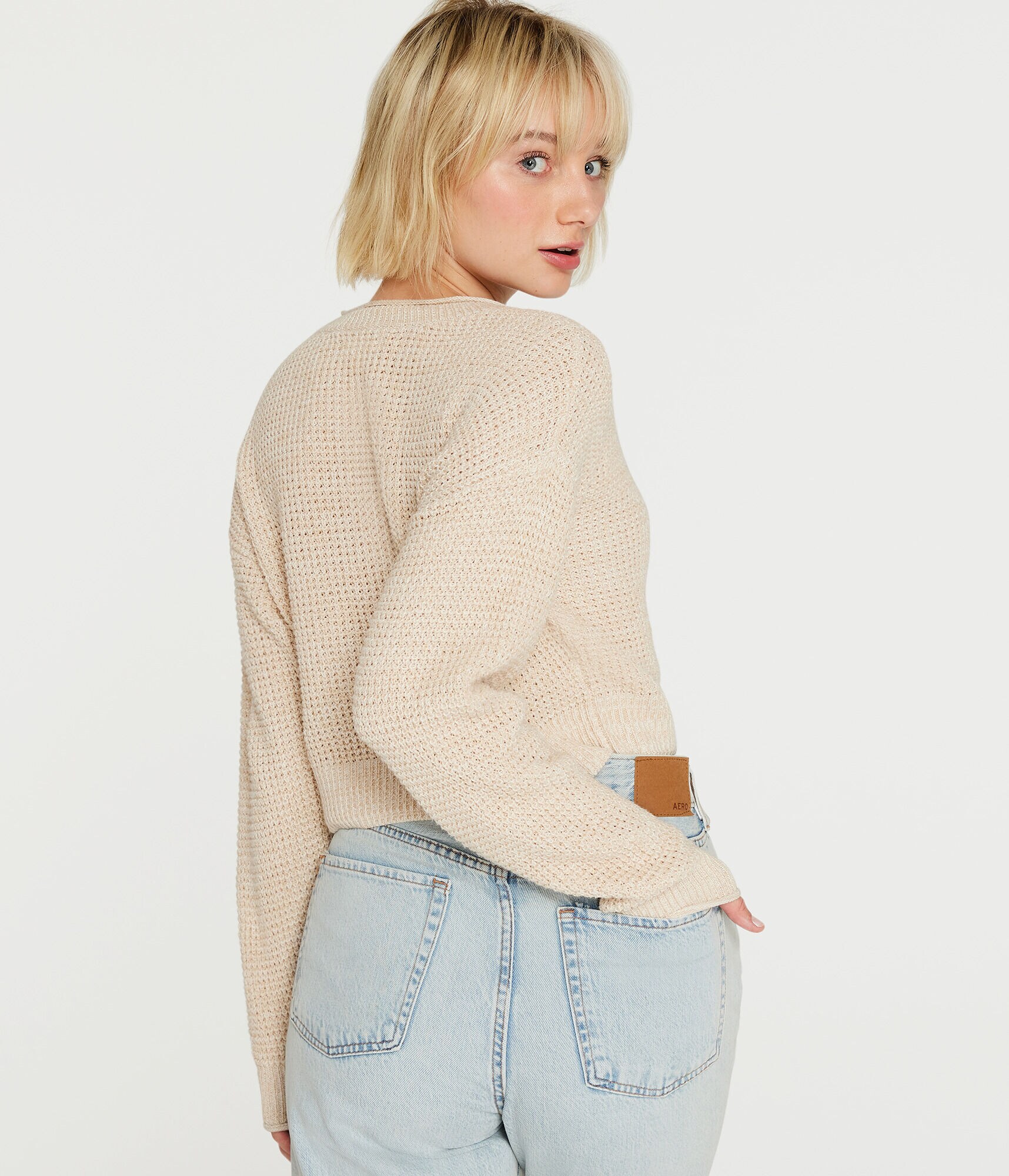 Waffle-Knit Cropped Henley Sweater