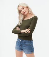 Long Sleeve Ribbed Lace-Up Off-The-Shoulder Top***