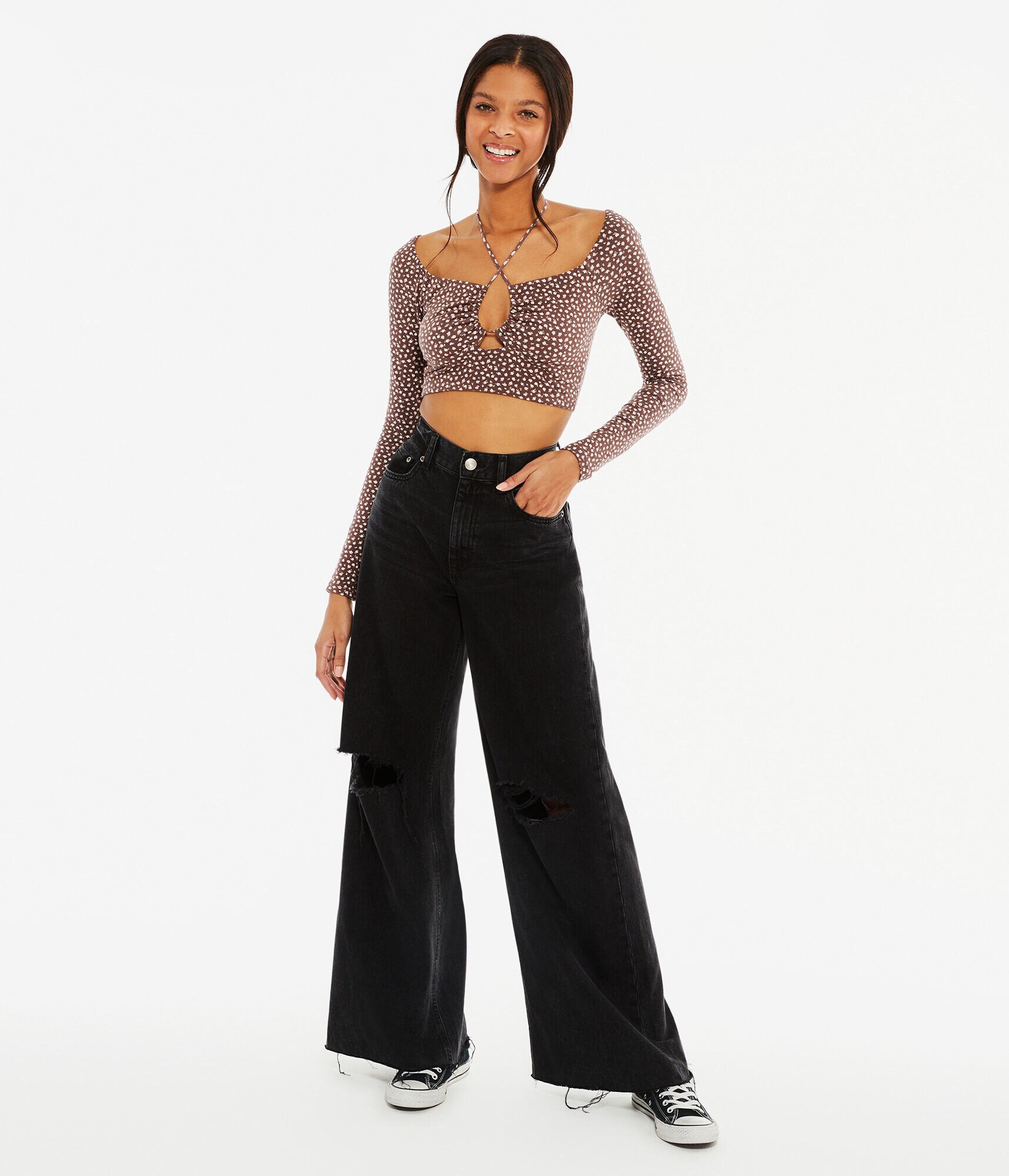 Long Sleeve Seriously Soft Floral Convertible Tie Crop Top