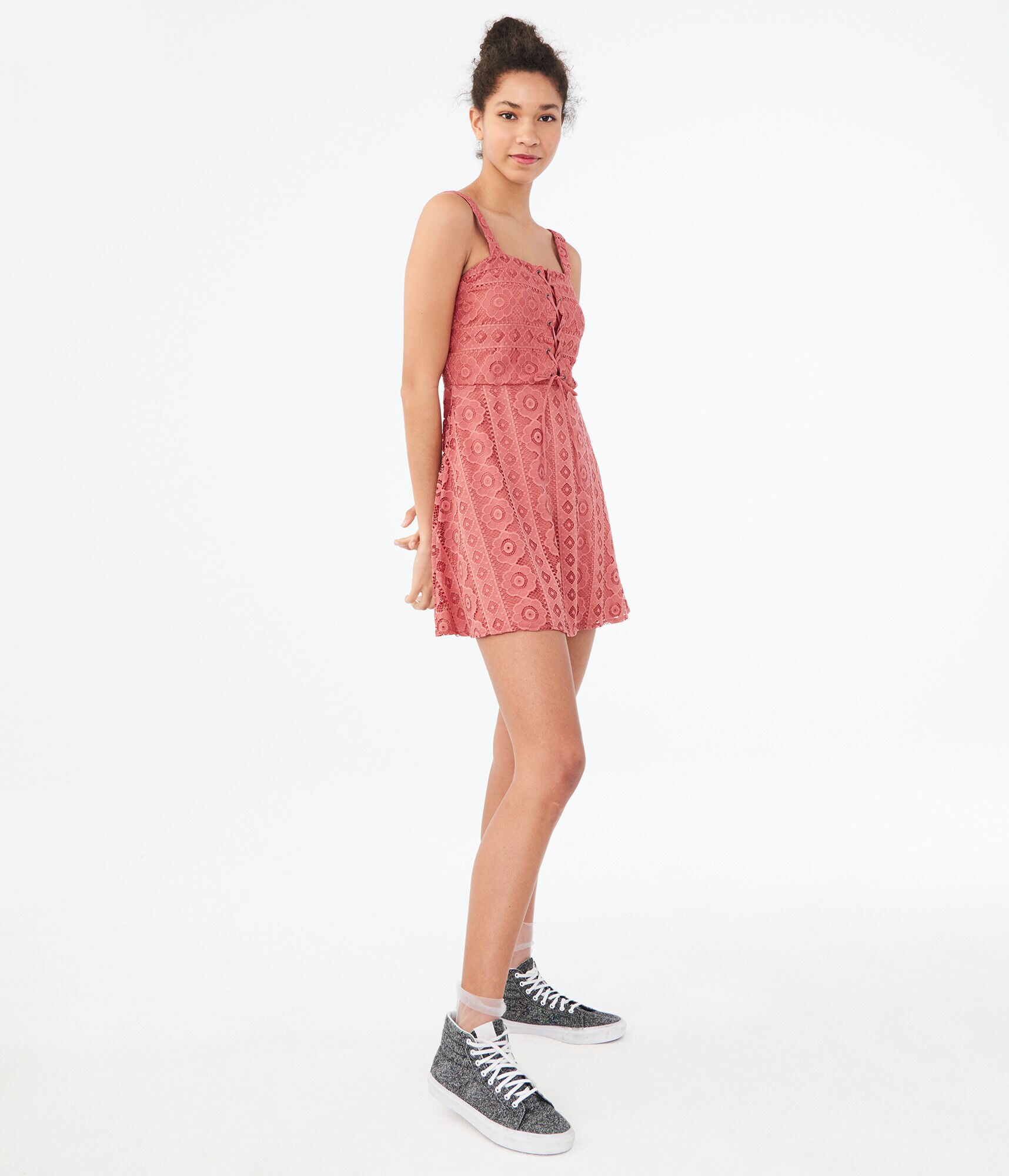 Solid Square-Neck Lace Corset Fit &amp; Flare Dress