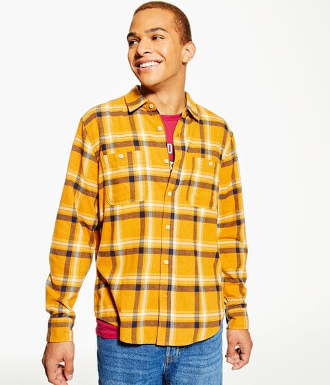Long Sleeve Relaxed Washed Plaid Flannel Shirt