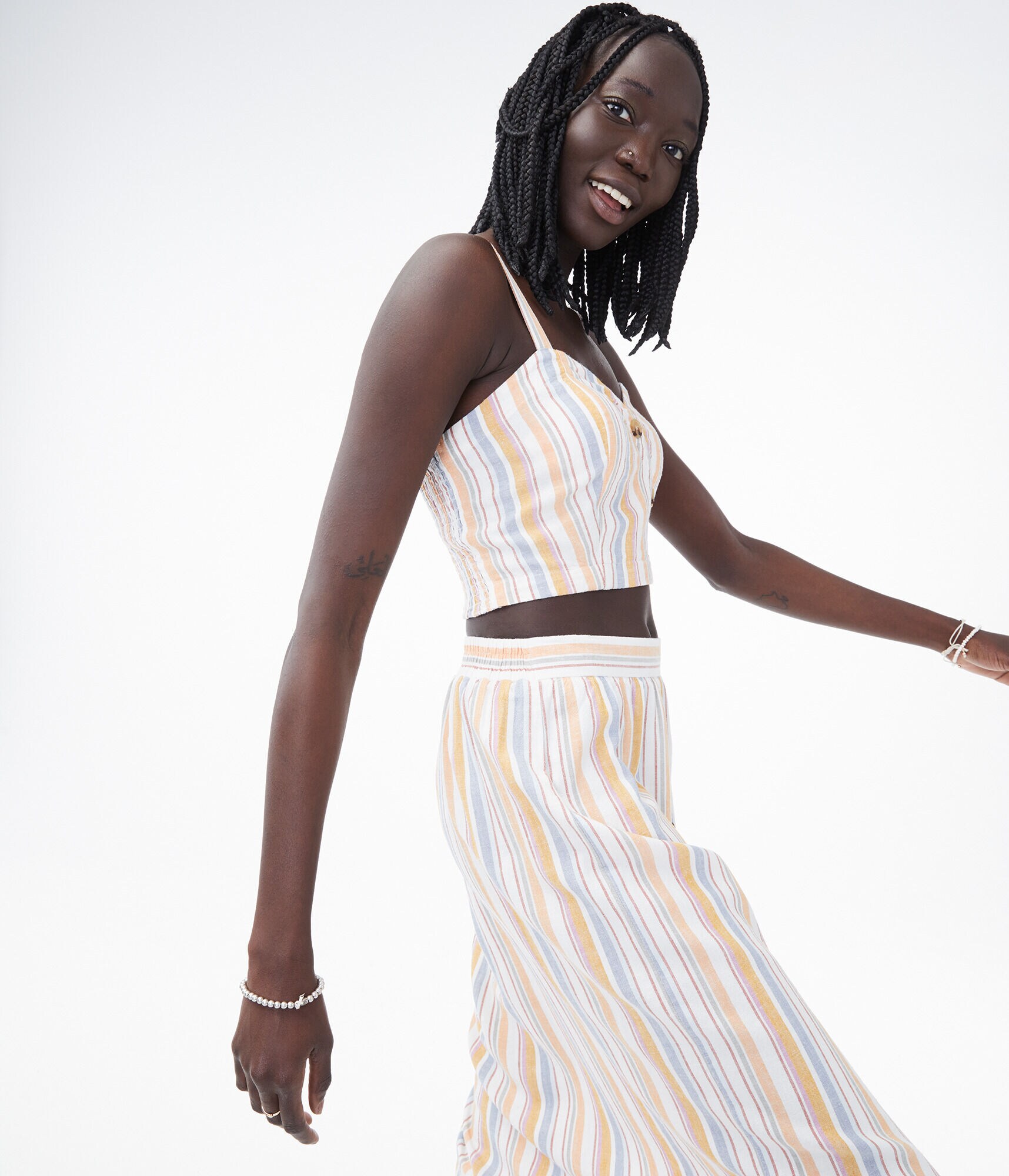 Striped Button-Front Cropped Tank