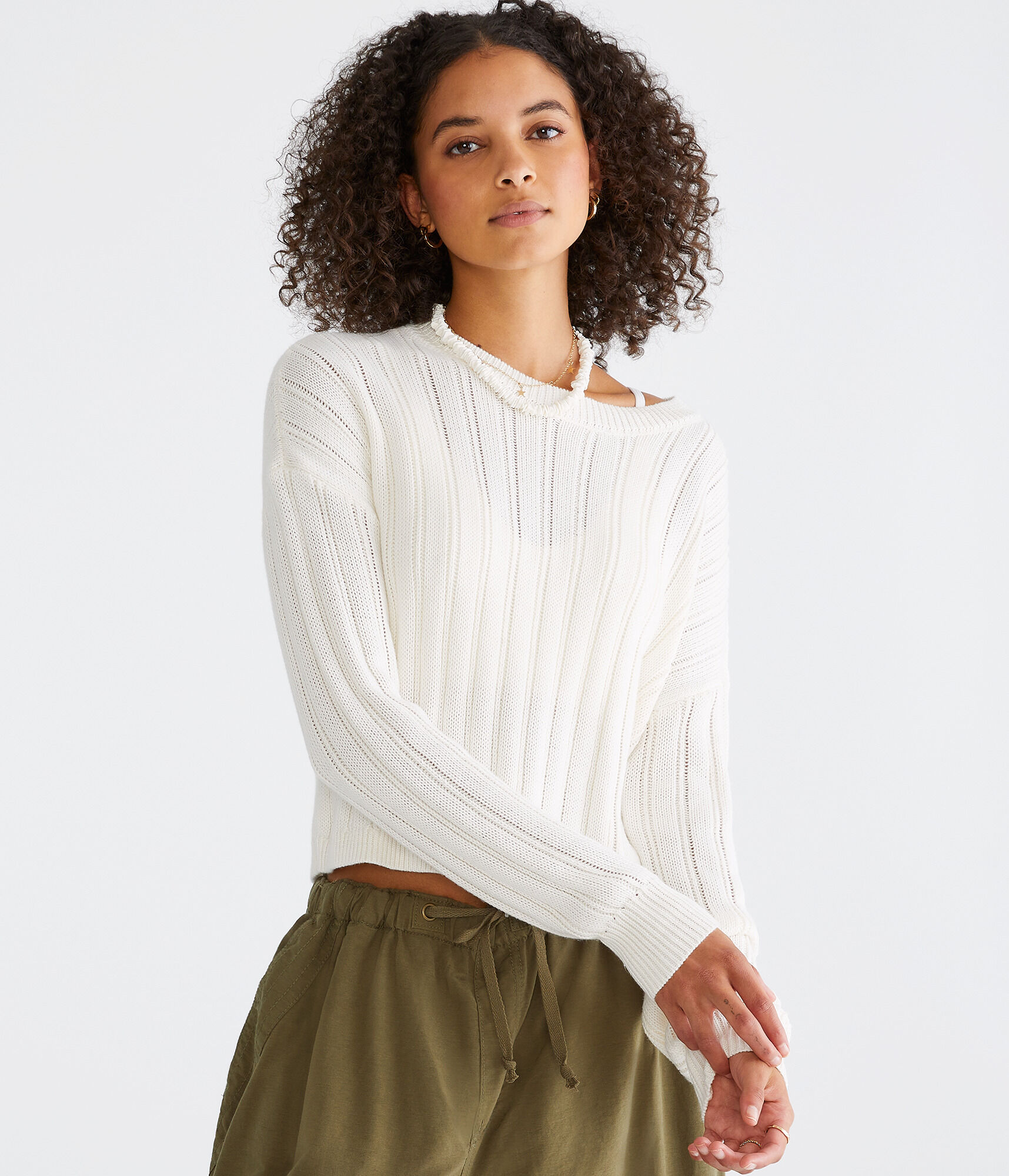 Ribbed Cropped Crew Sweater