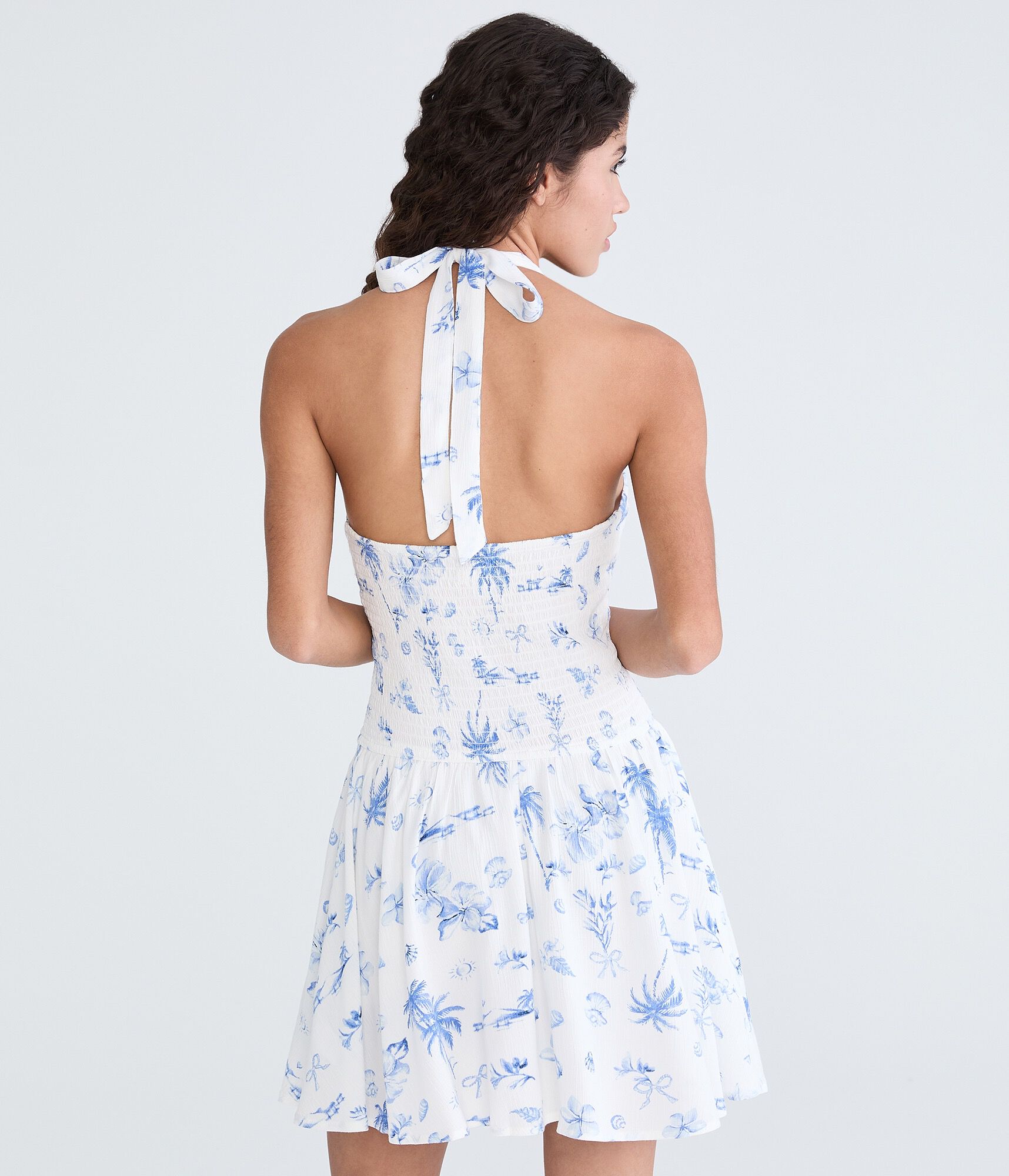 Tropical Print V-Neck Halter Mini Dress