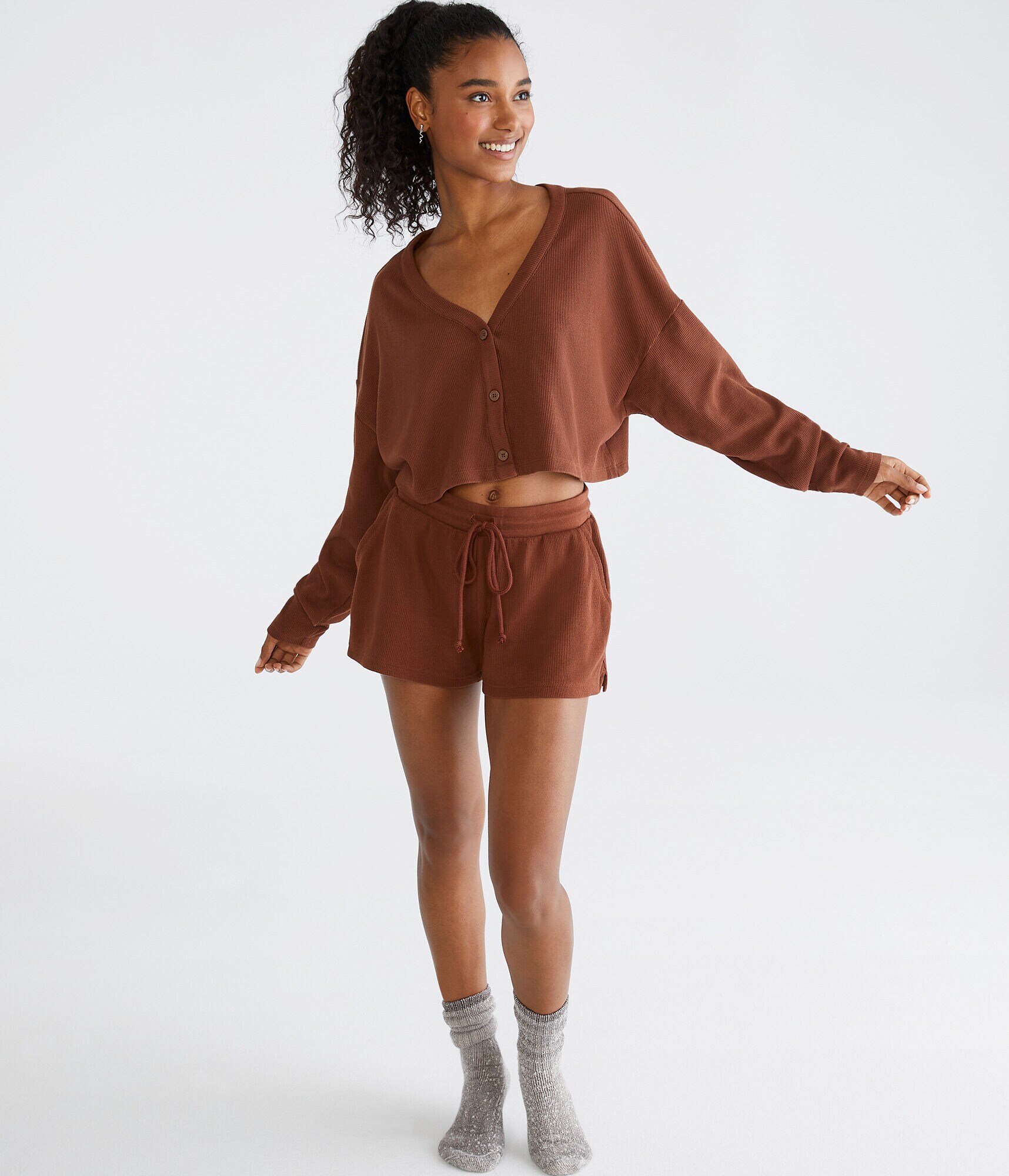 Waffle-Knit Cropped Sleep Cardigan