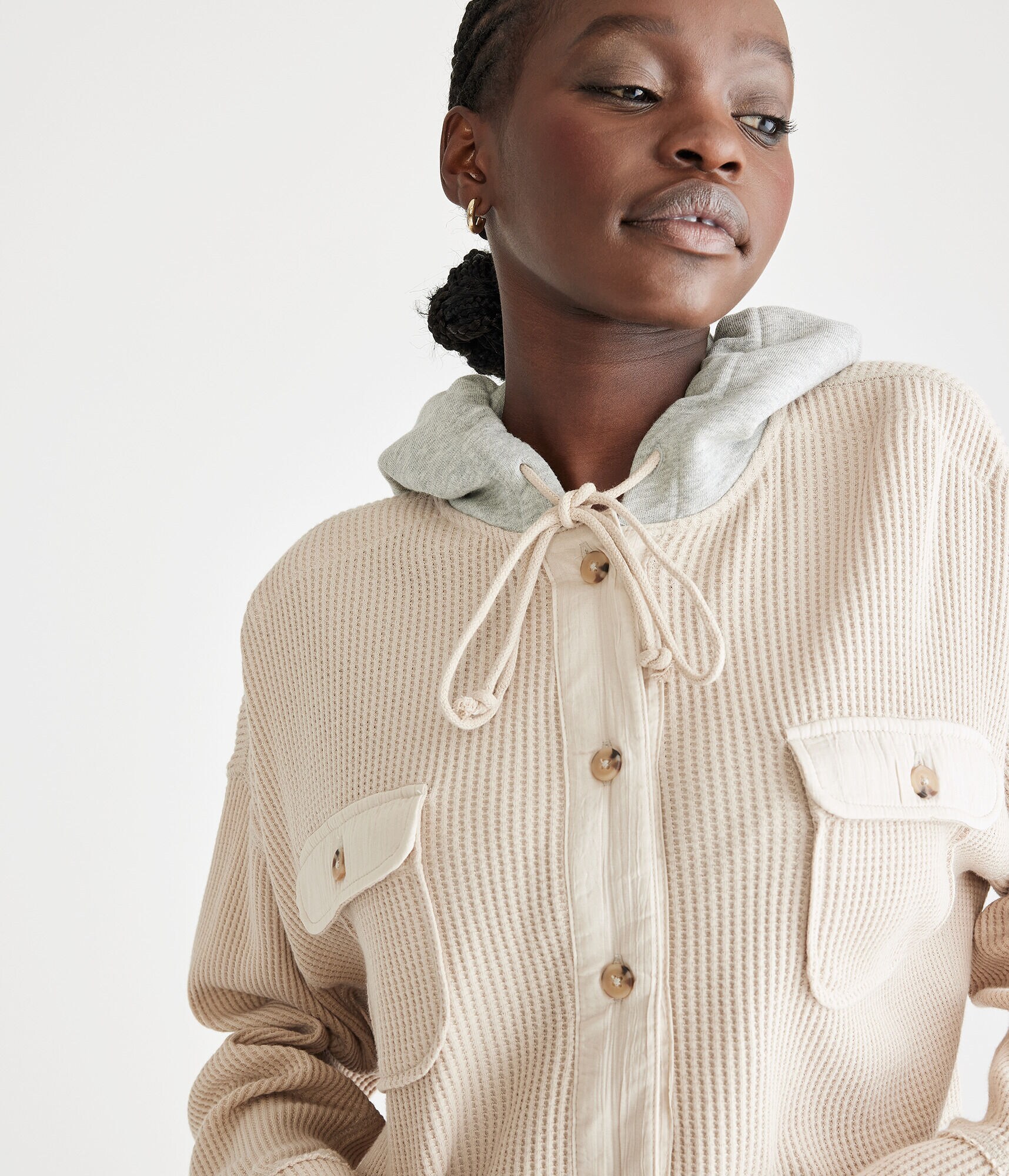 Hooded Waffle-Knit Cropped Jacket