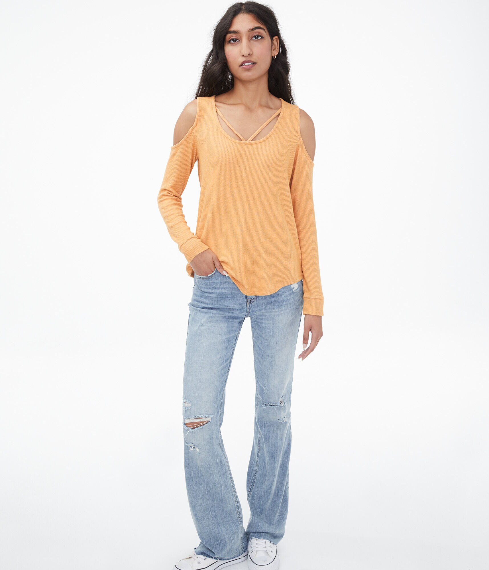 Long Sleeve Strappy Cold-Shoulder Top***