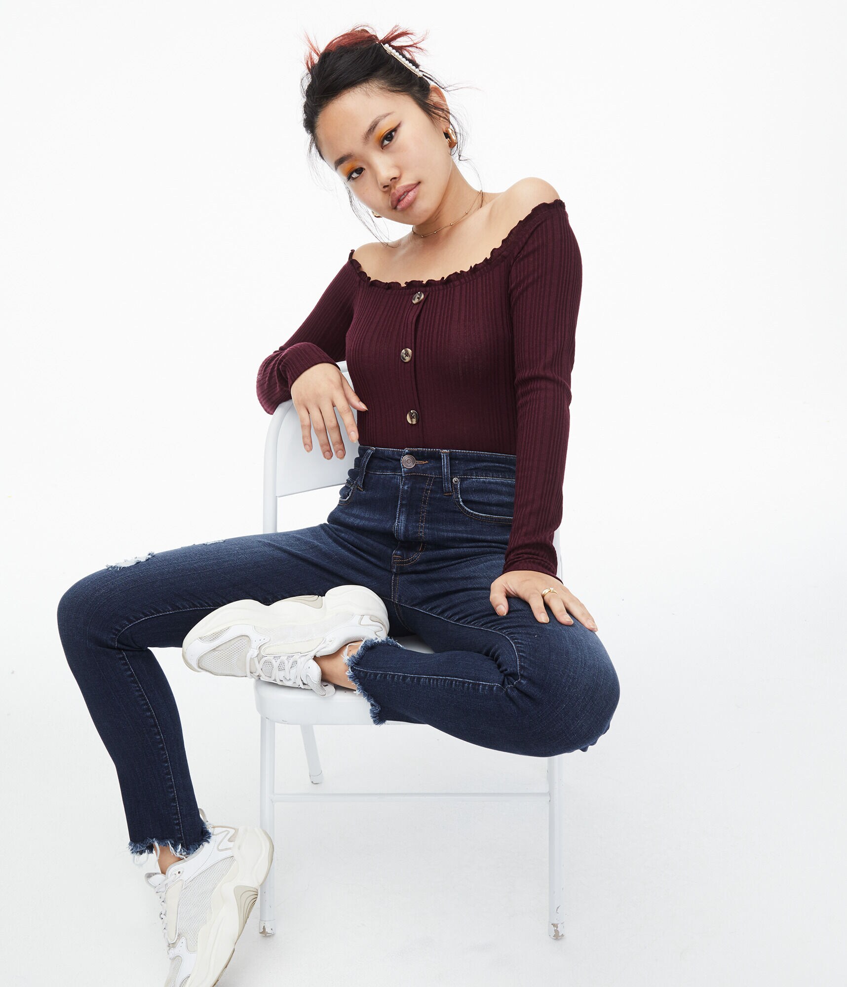 Long Sleeve Seriously Soft Buttoned Off-The-Shoulder Bodycon Top