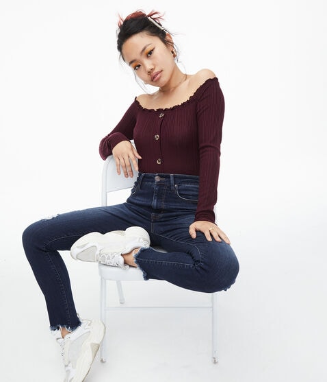 Long Sleeve Seriously Soft Buttoned Off-The-Shoulder Bodycon Top Long Sleeve Seriously Soft Buttoned Off-The-Shoulder Bodycon Top