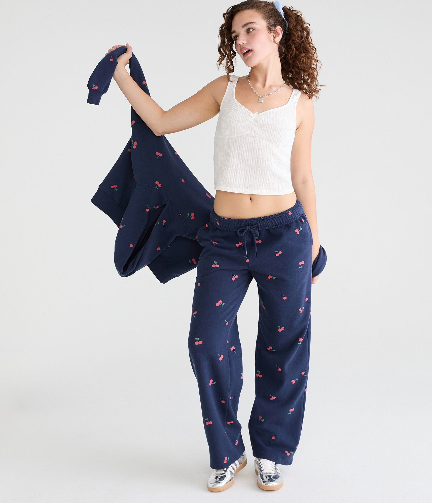 Cloud Soft Cherry Print Mid-Rise Straight Leg Sweatpants