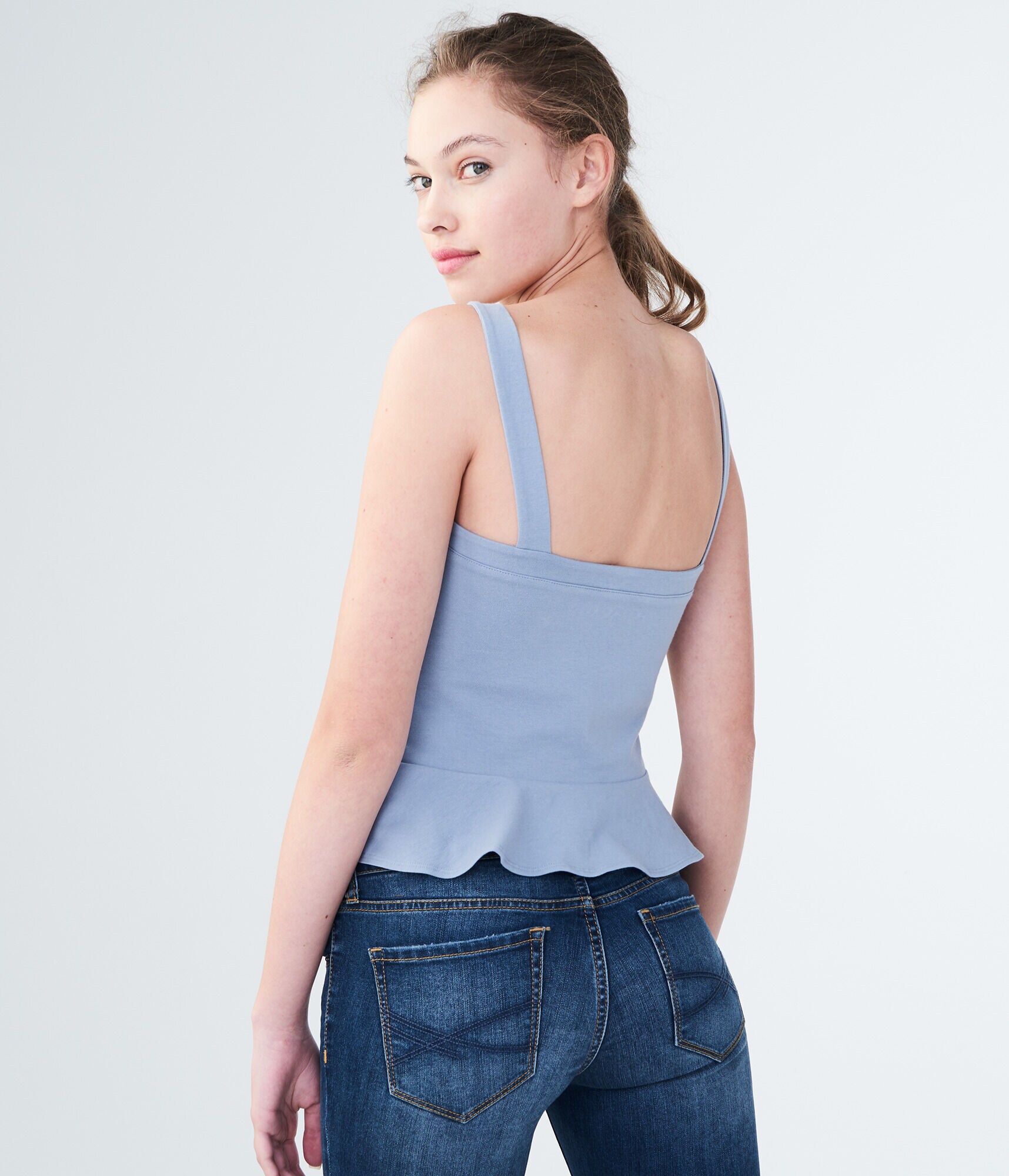 Embroidered Lace-Up Peplum Tank