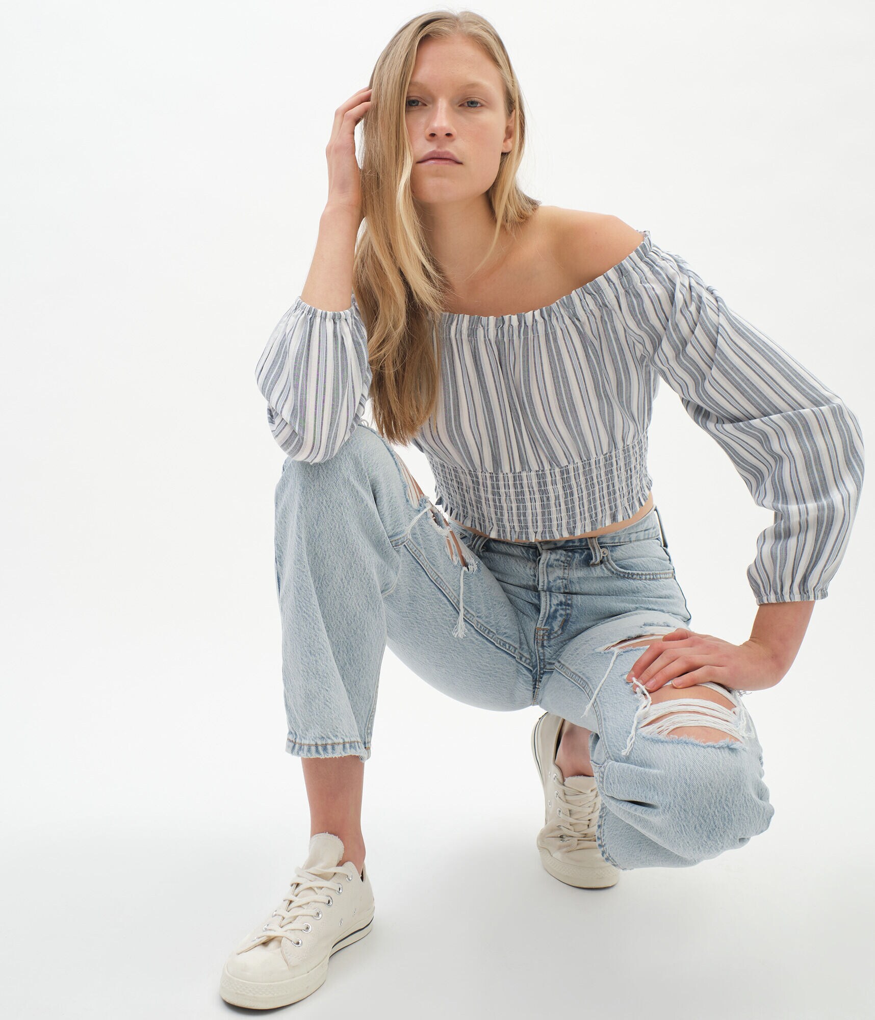 Long Sleeve Striped Off-The-Shoulder Crop Top***