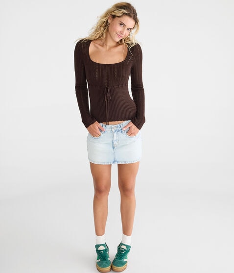 Pointelle Tie-Front Square-Neck Sweater Pointelle Tie-Front Square-Neck Sweater