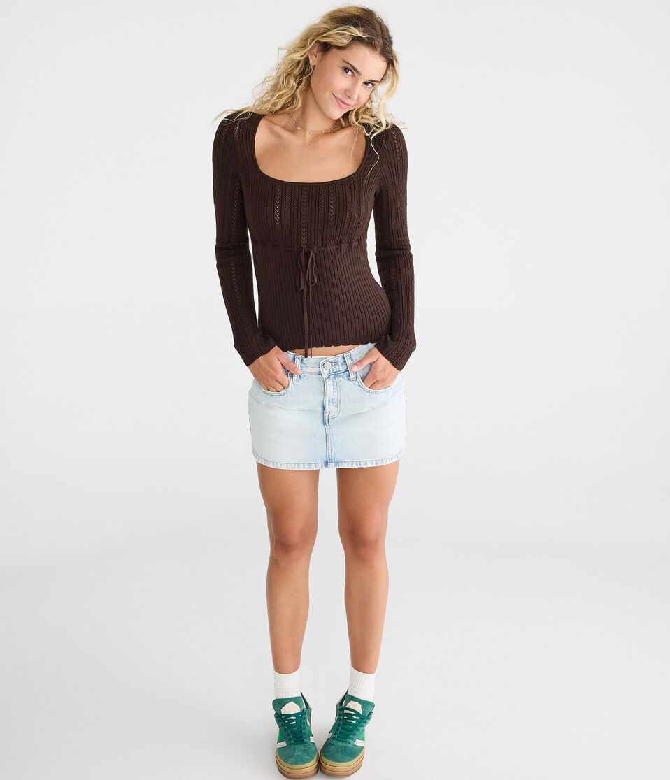Pointelle Tie-Front Square-Neck Sweater