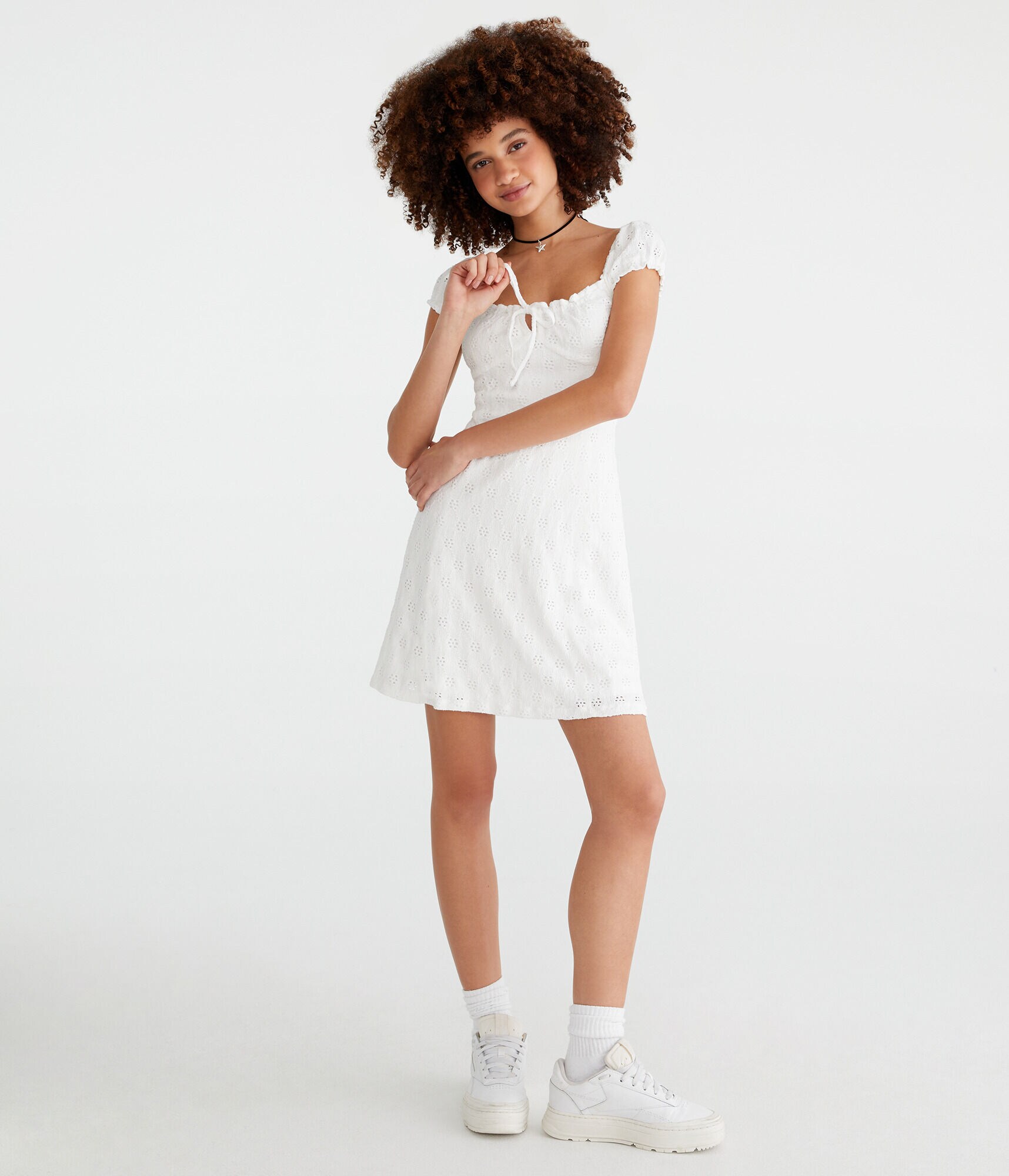 Solid Scoop-Neck Eyelet Empire Mini Dress