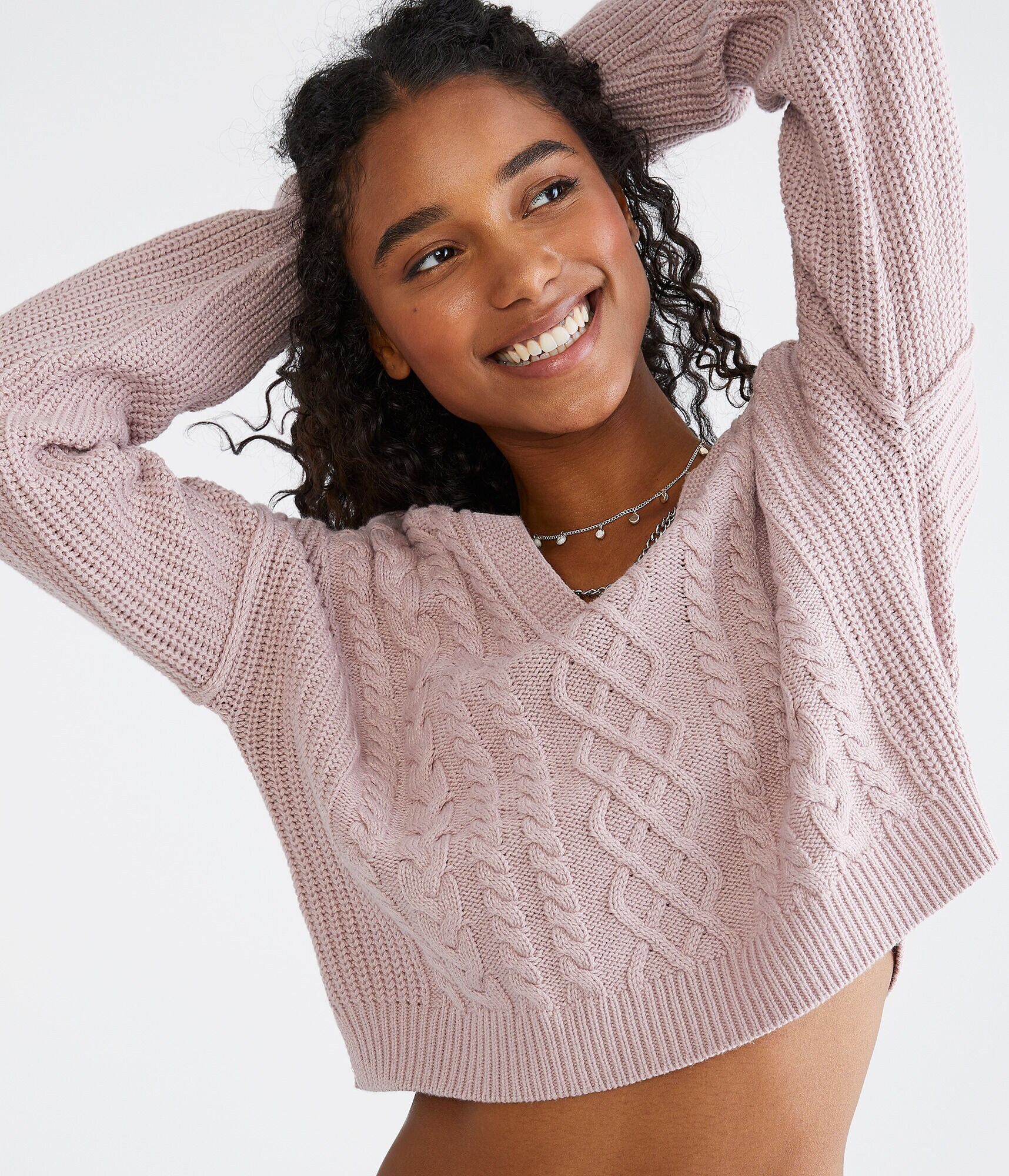Slouchy Cable-Knit Cropped V-Neck Sweater